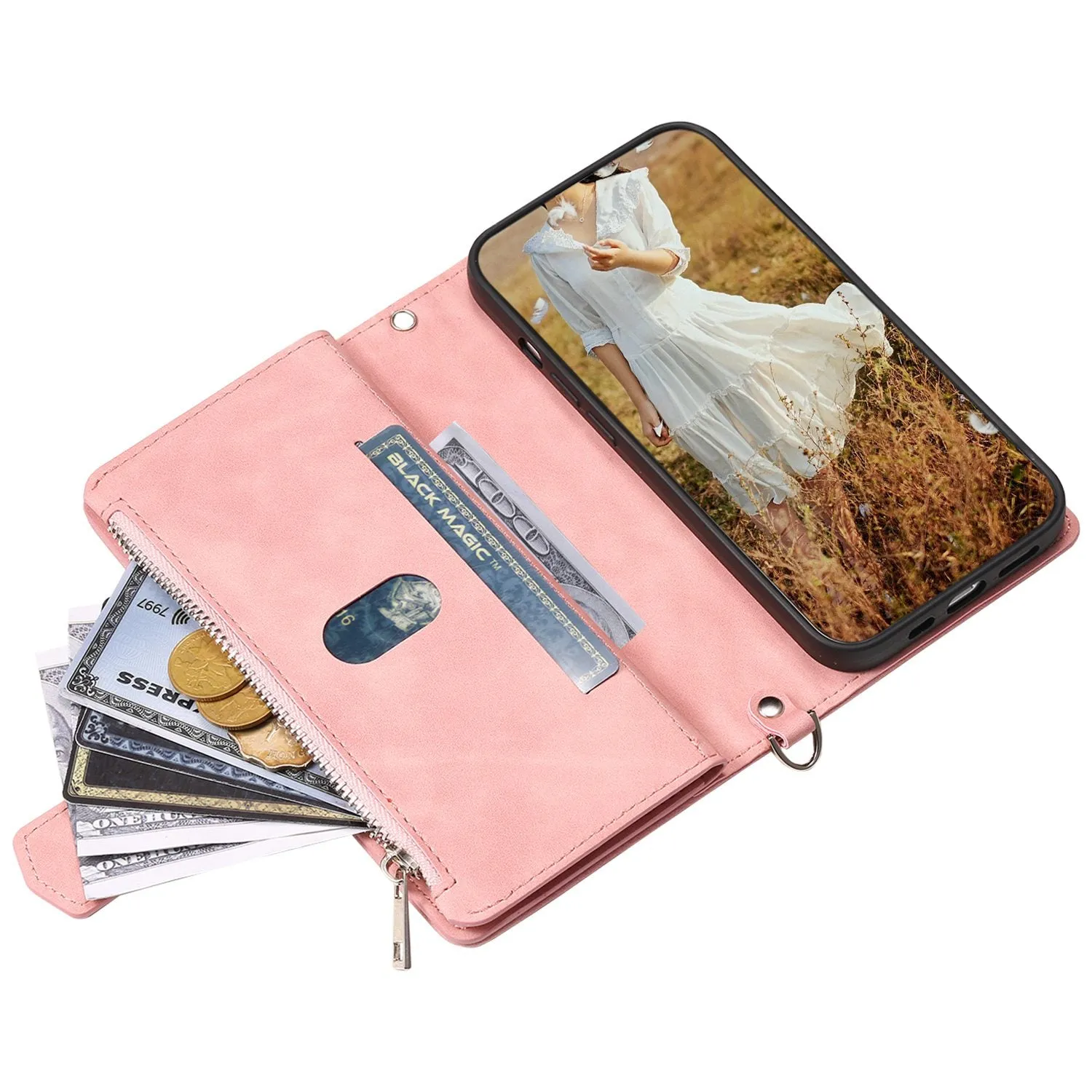 005 Rhombus Grid Textured PU Leather Phone Case for iPhone 14 Plus 6.7 inch, Zipper Pocket Stand Wallet Cover with Strap