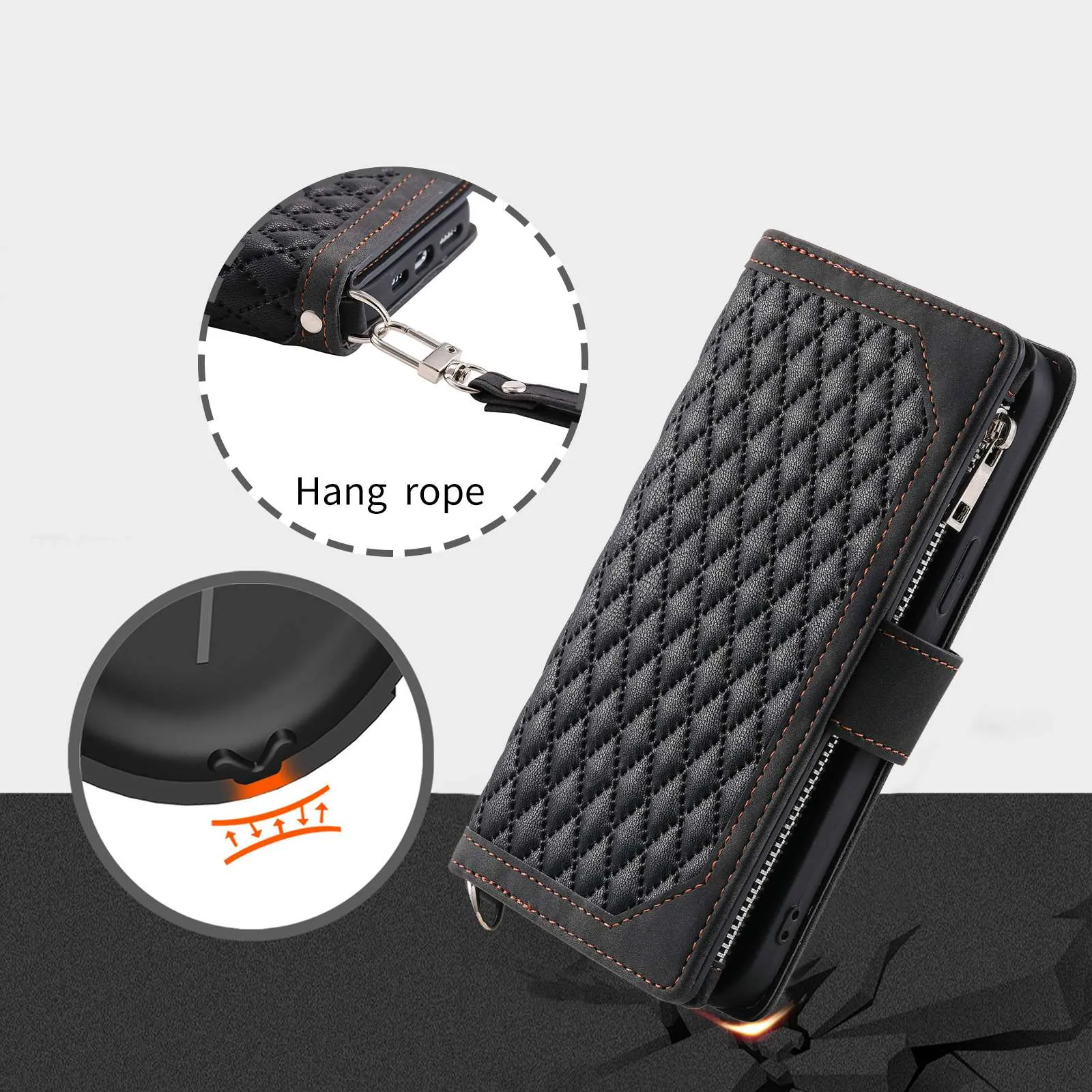 005 Rhombus Grid Textured PU Leather Phone Case for iPhone 14 Plus 6.7 inch, Zipper Pocket Stand Wallet Cover with Strap