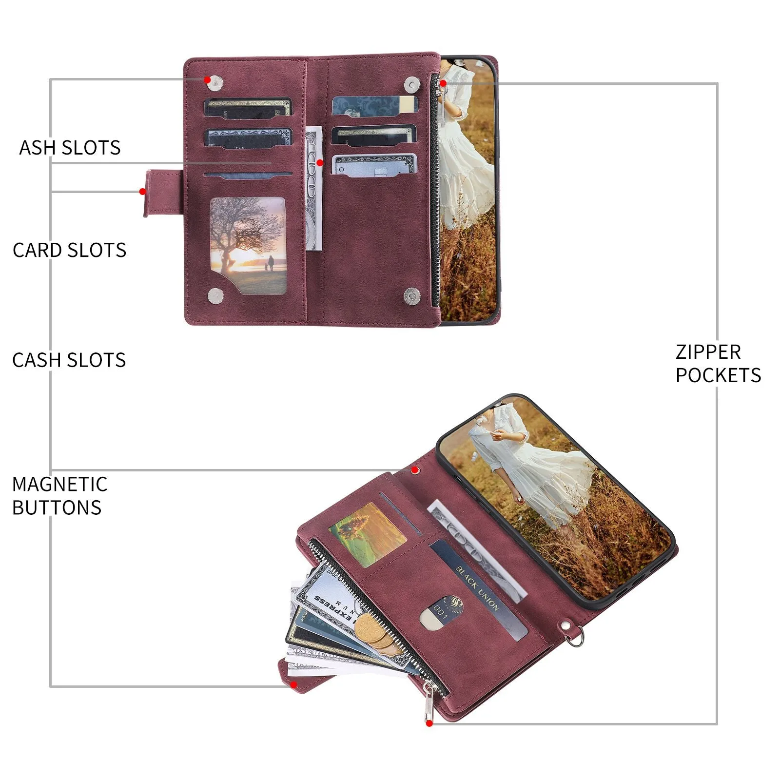 005 Rhombus Grid Textured PU Leather Phone Case for iPhone 14 Plus 6.7 inch, Zipper Pocket Stand Wallet Cover with Strap