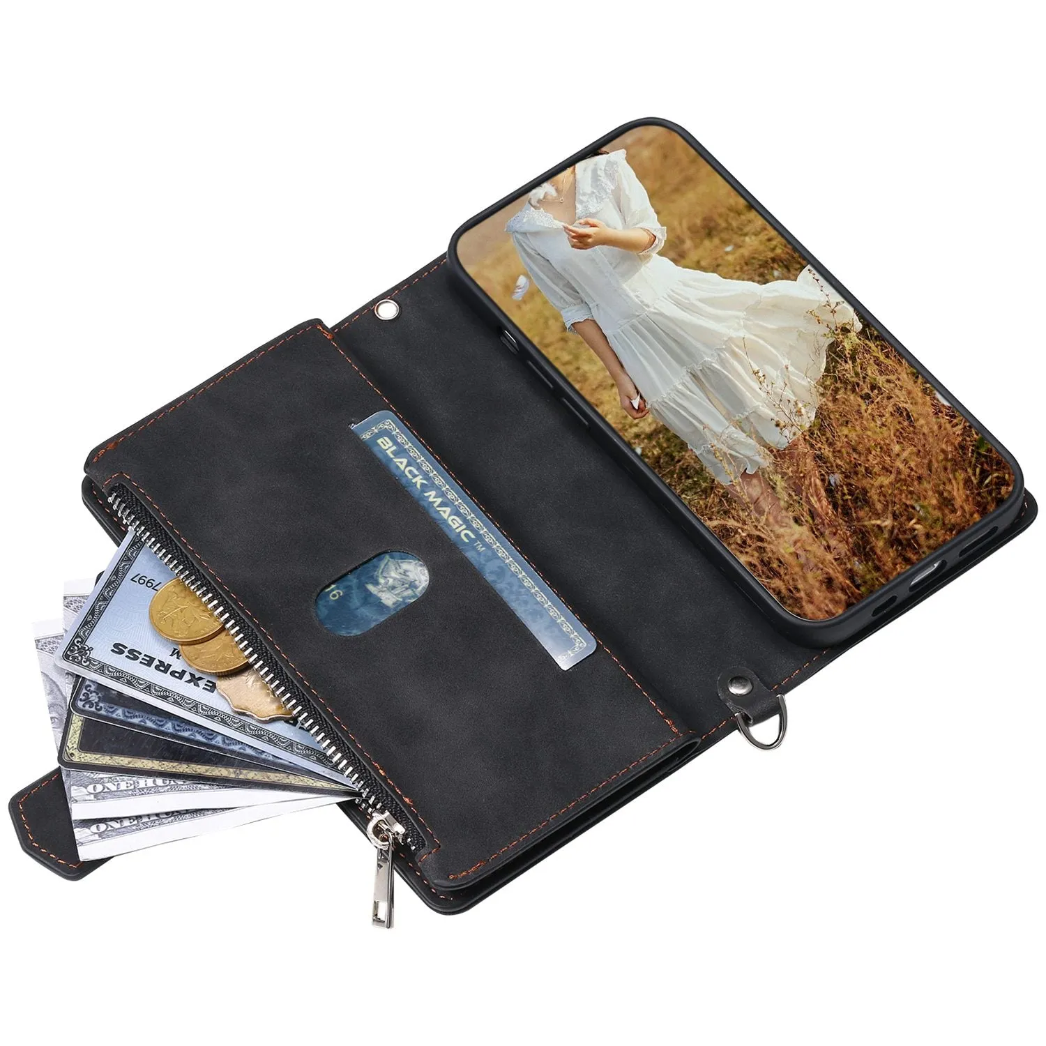 005 Rhombus Grid Textured PU Leather Phone Case for iPhone 14 Plus 6.7 inch, Zipper Pocket Stand Wallet Cover with Strap
