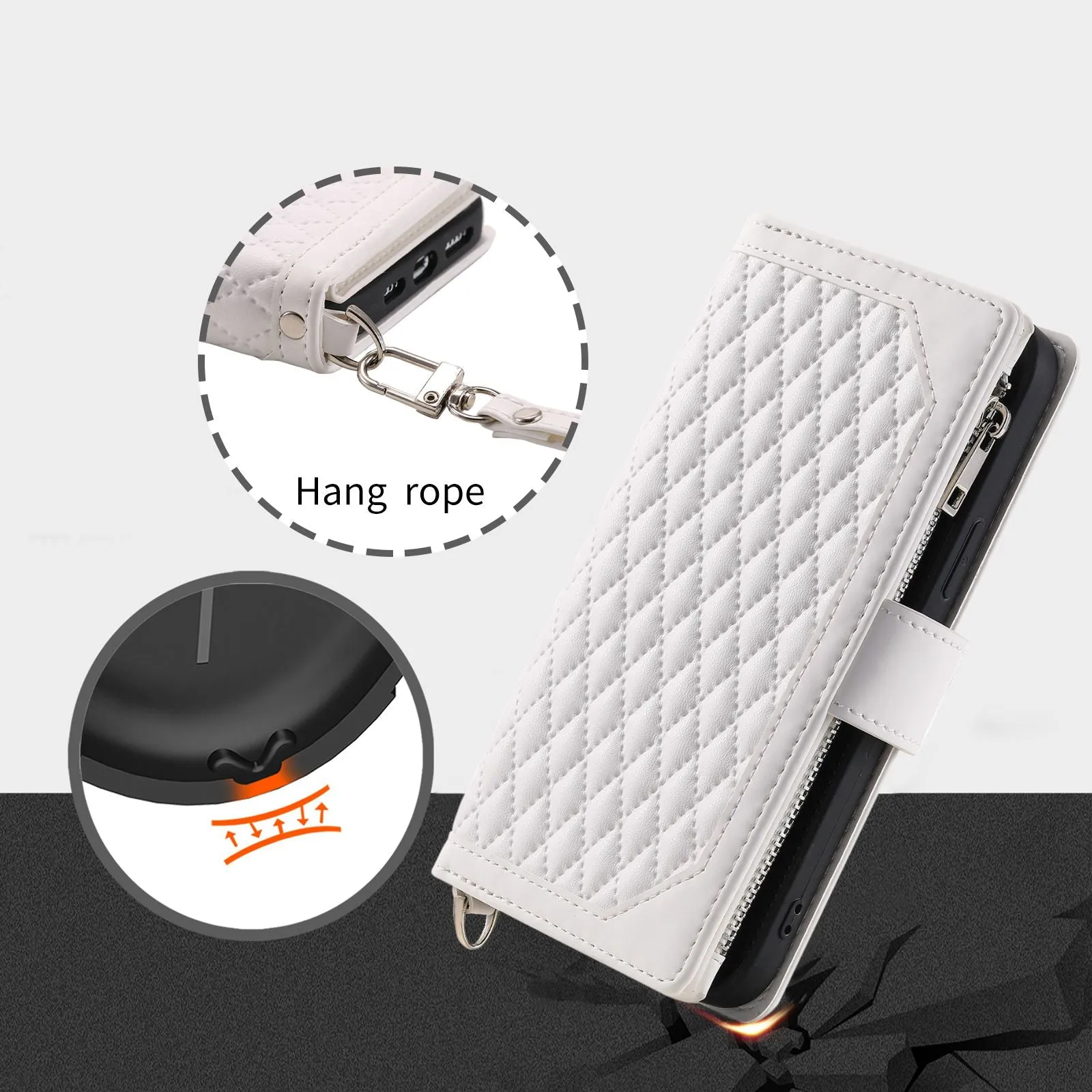 005 Rhombus Grid Textured PU Leather Phone Case for iPhone 14 Plus 6.7 inch, Zipper Pocket Stand Wallet Cover with Strap
