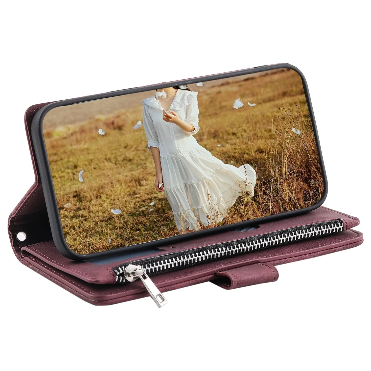 005 Rhombus Grid Textured PU Leather Phone Case for iPhone 14 Plus 6.7 inch, Zipper Pocket Stand Wallet Cover with Strap
