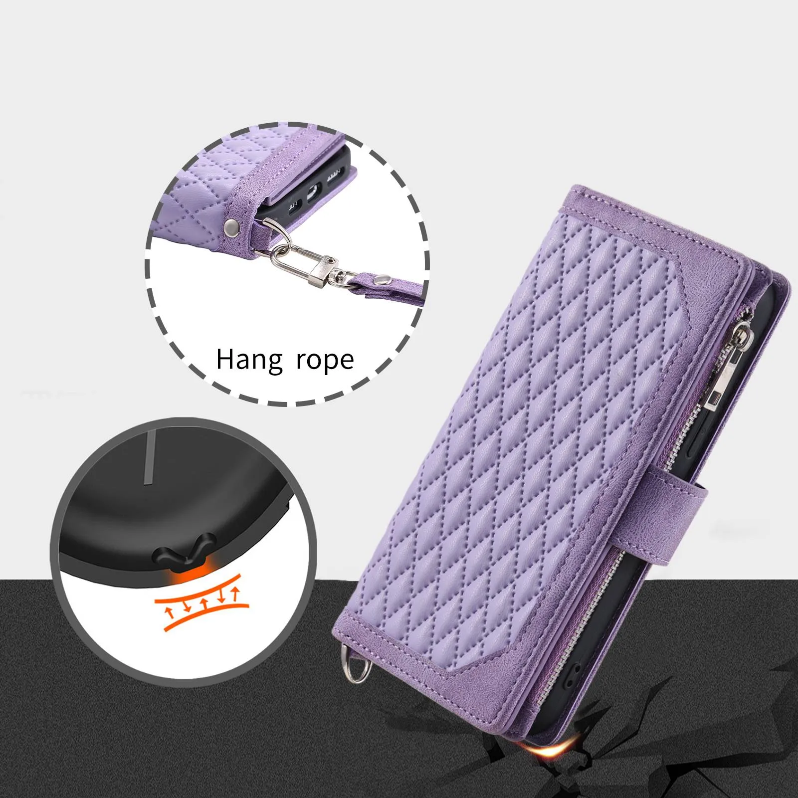 005 Rhombus Grid Textured PU Leather Phone Case for iPhone 14 Plus 6.7 inch, Zipper Pocket Stand Wallet Cover with Strap