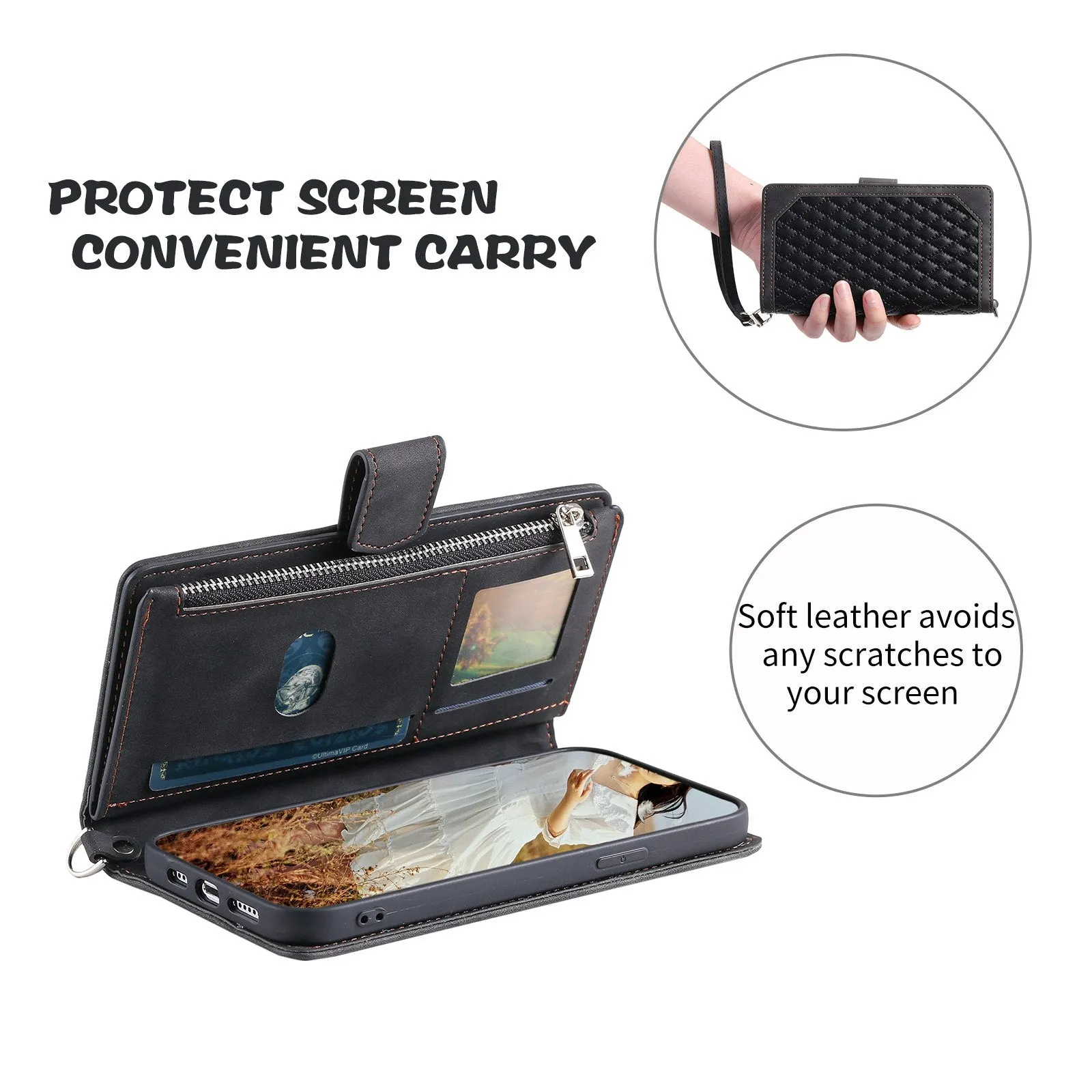 005 Rhombus Grid Textured PU Leather Phone Case for iPhone 14 Plus 6.7 inch, Zipper Pocket Stand Wallet Cover with Strap