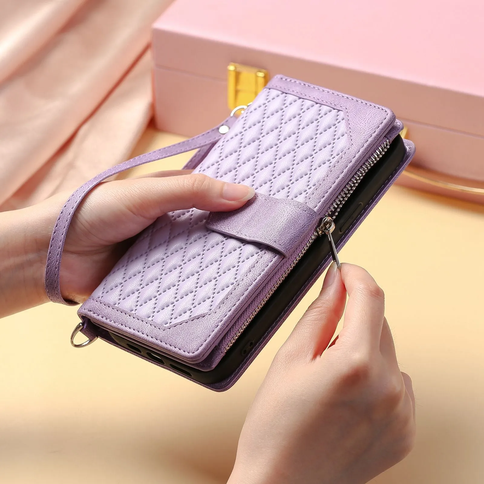 005 Rhombus Grid Textured PU Leather Phone Case for iPhone 14 Plus 6.7 inch, Zipper Pocket Stand Wallet Cover with Strap