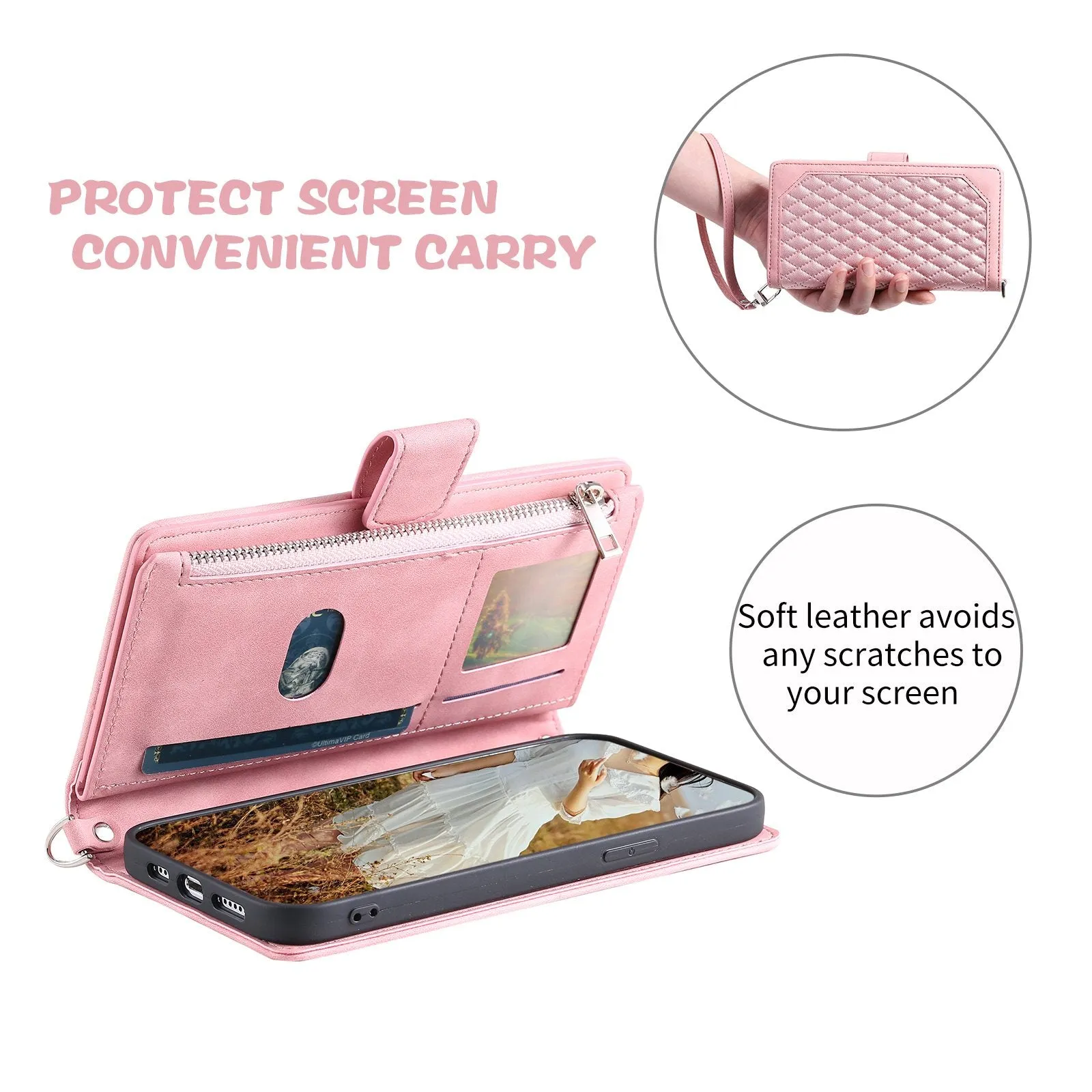 005 Rhombus Grid Textured PU Leather Phone Case for iPhone 14 Plus 6.7 inch, Zipper Pocket Stand Wallet Cover with Strap