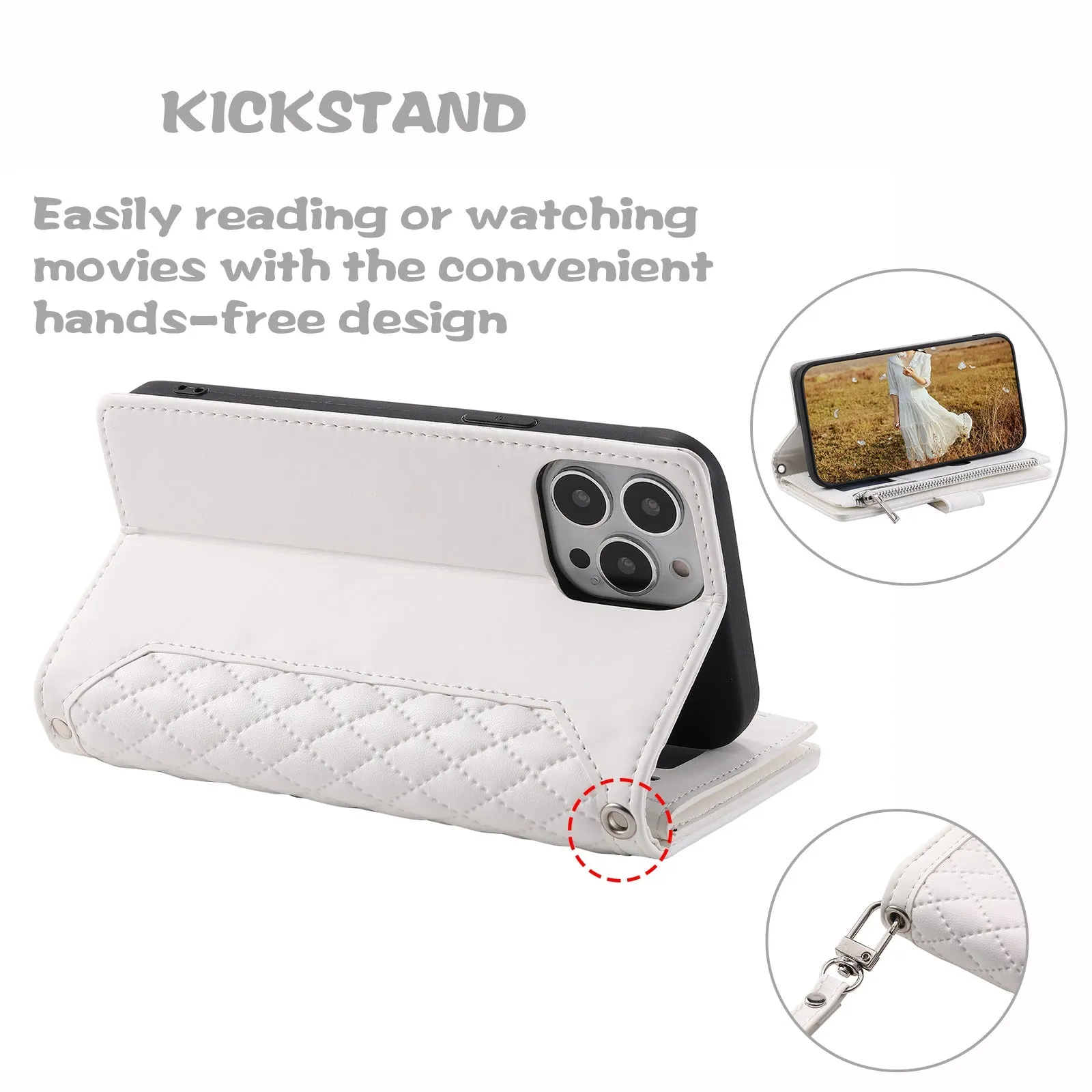 005 Rhombus Grid Textured PU Leather Phone Case for iPhone 14 Plus 6.7 inch, Zipper Pocket Stand Wallet Cover with Strap