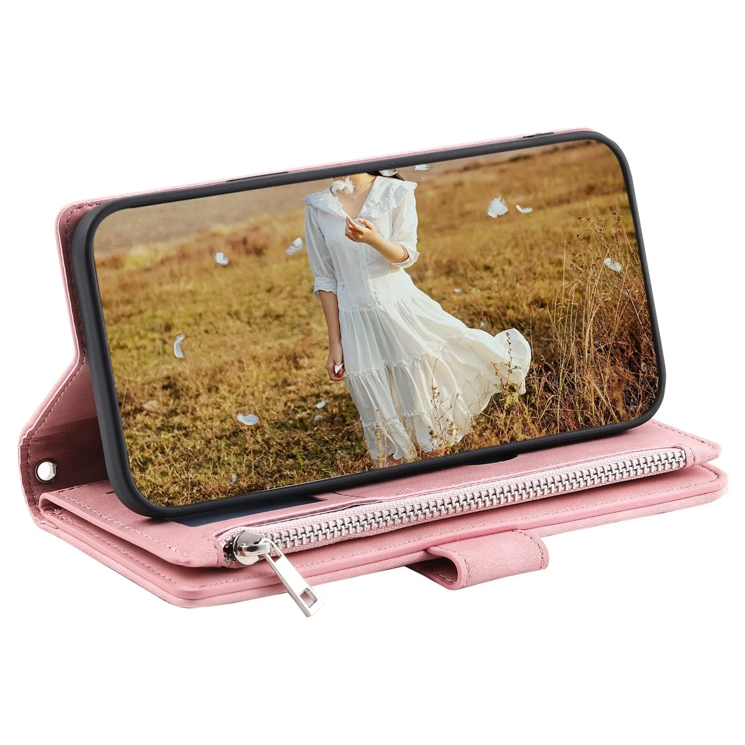 005 Rhombus Grid Textured PU Leather Phone Case for iPhone 14 Plus 6.7 inch, Zipper Pocket Stand Wallet Cover with Strap