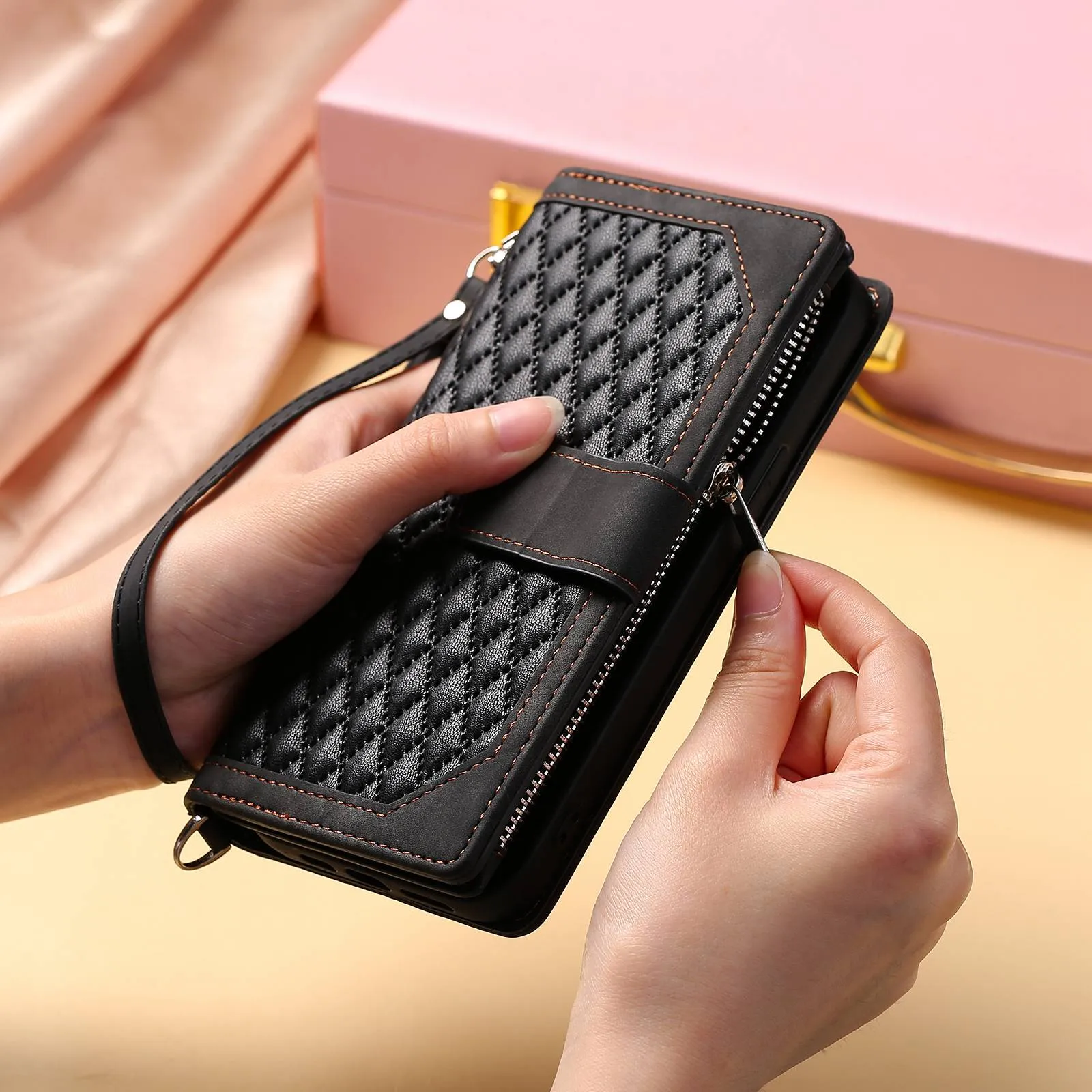 005 Rhombus Grid Textured PU Leather Phone Case for iPhone 14 Plus 6.7 inch, Zipper Pocket Stand Wallet Cover with Strap