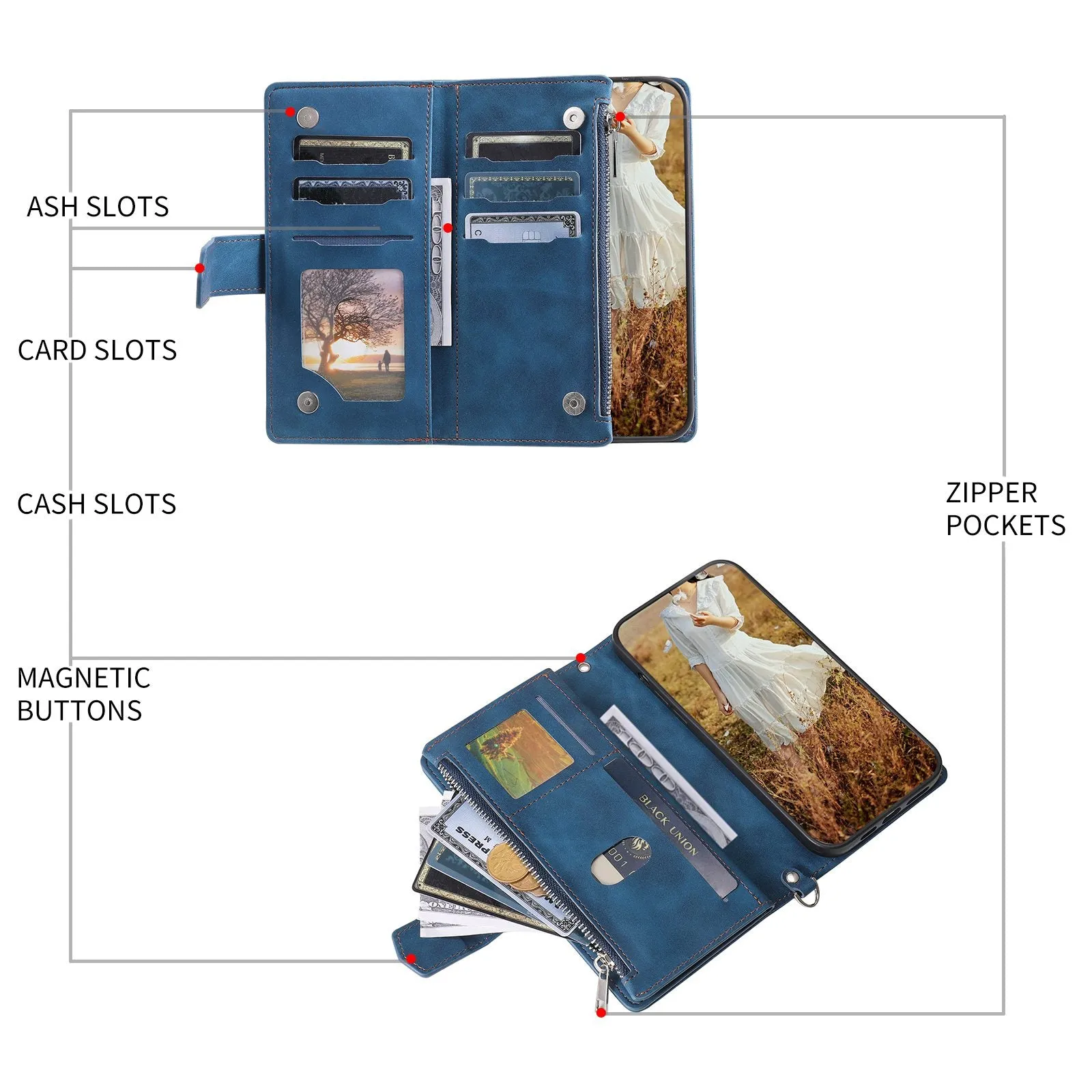 005 Rhombus Grid Textured PU Leather Phone Case for iPhone 14 Plus 6.7 inch, Zipper Pocket Stand Wallet Cover with Strap