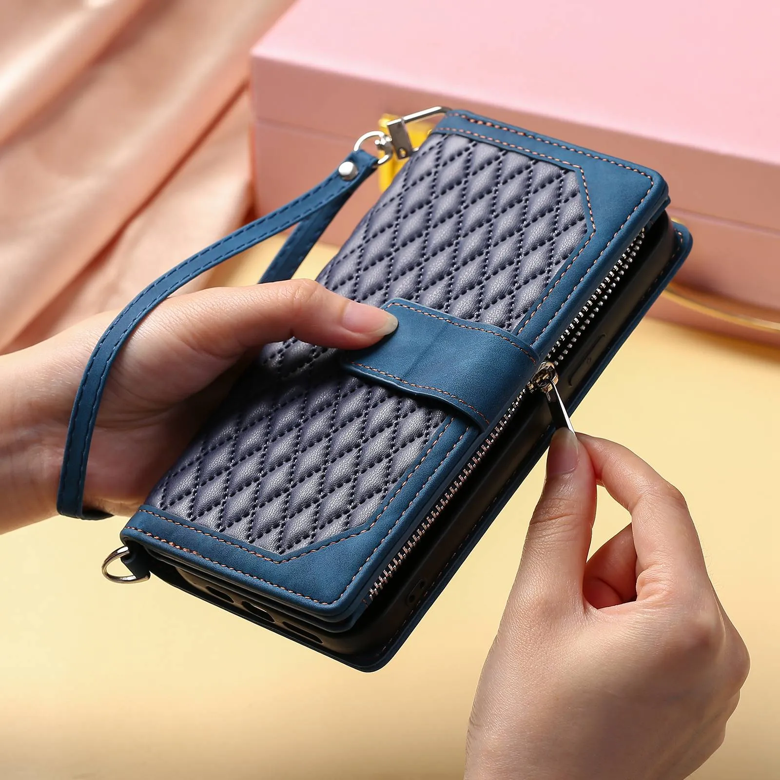 005 Rhombus Grid Textured PU Leather Phone Case for iPhone 14 Plus 6.7 inch, Zipper Pocket Stand Wallet Cover with Strap