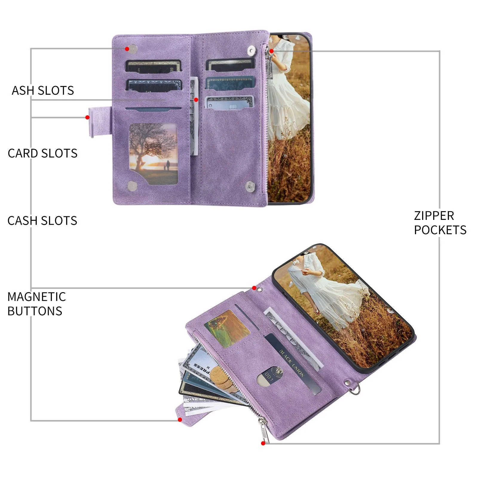 005 Rhombus Grid Textured PU Leather Phone Case for iPhone 14 Plus 6.7 inch, Zipper Pocket Stand Wallet Cover with Strap