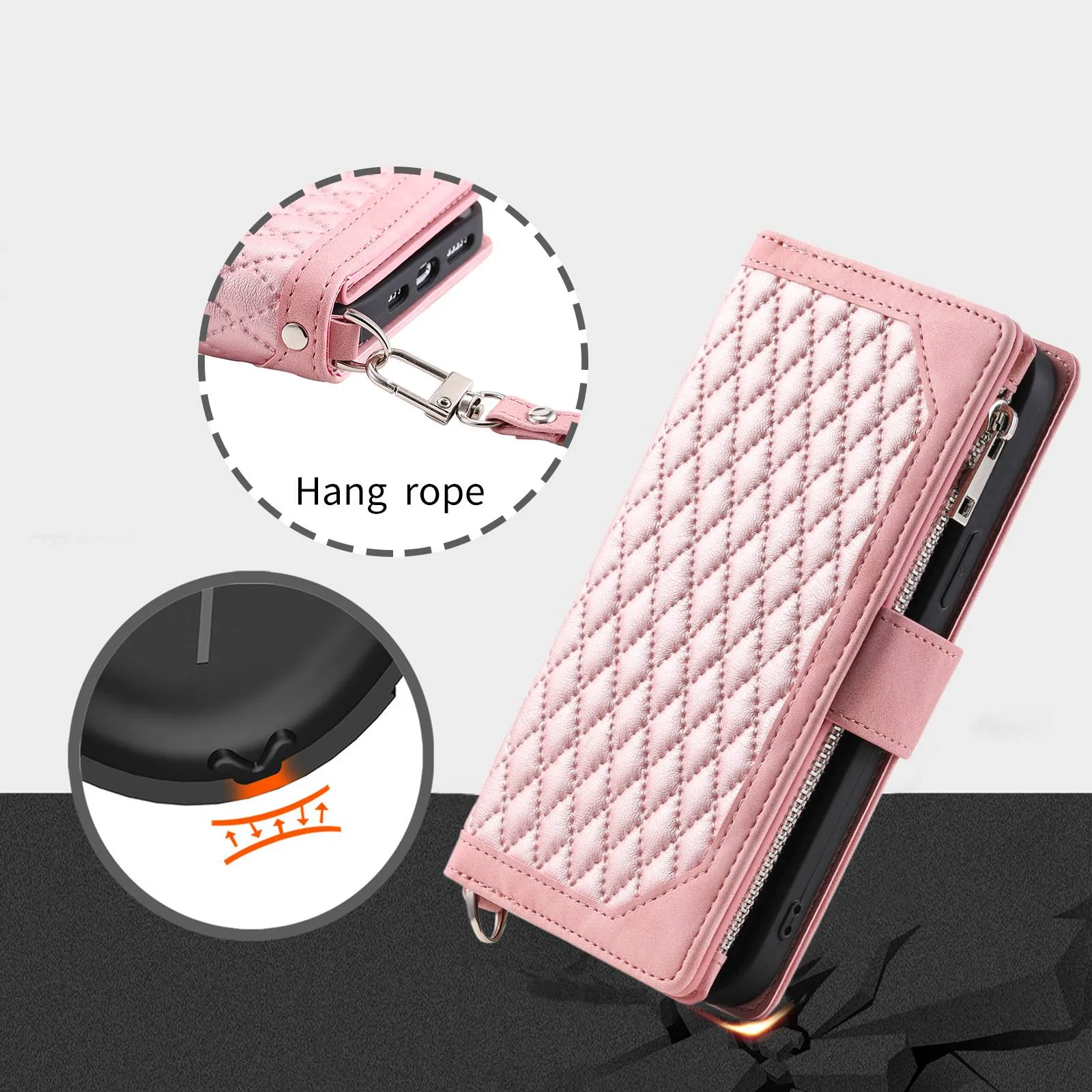 005 Rhombus Grid Textured PU Leather Phone Case for iPhone 14 Plus 6.7 inch, Zipper Pocket Stand Wallet Cover with Strap