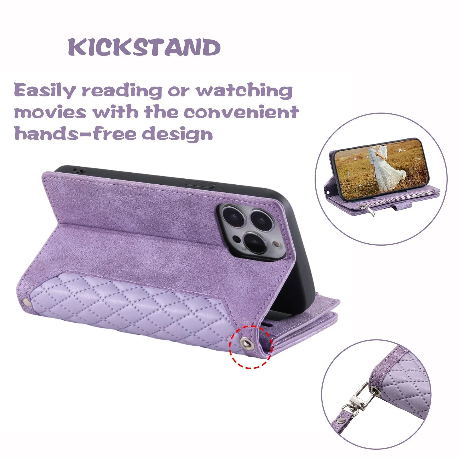 005 Rhombus Grid Textured PU Leather Phone Case for iPhone 14 Plus 6.7 inch, Zipper Pocket Stand Wallet Cover with Strap