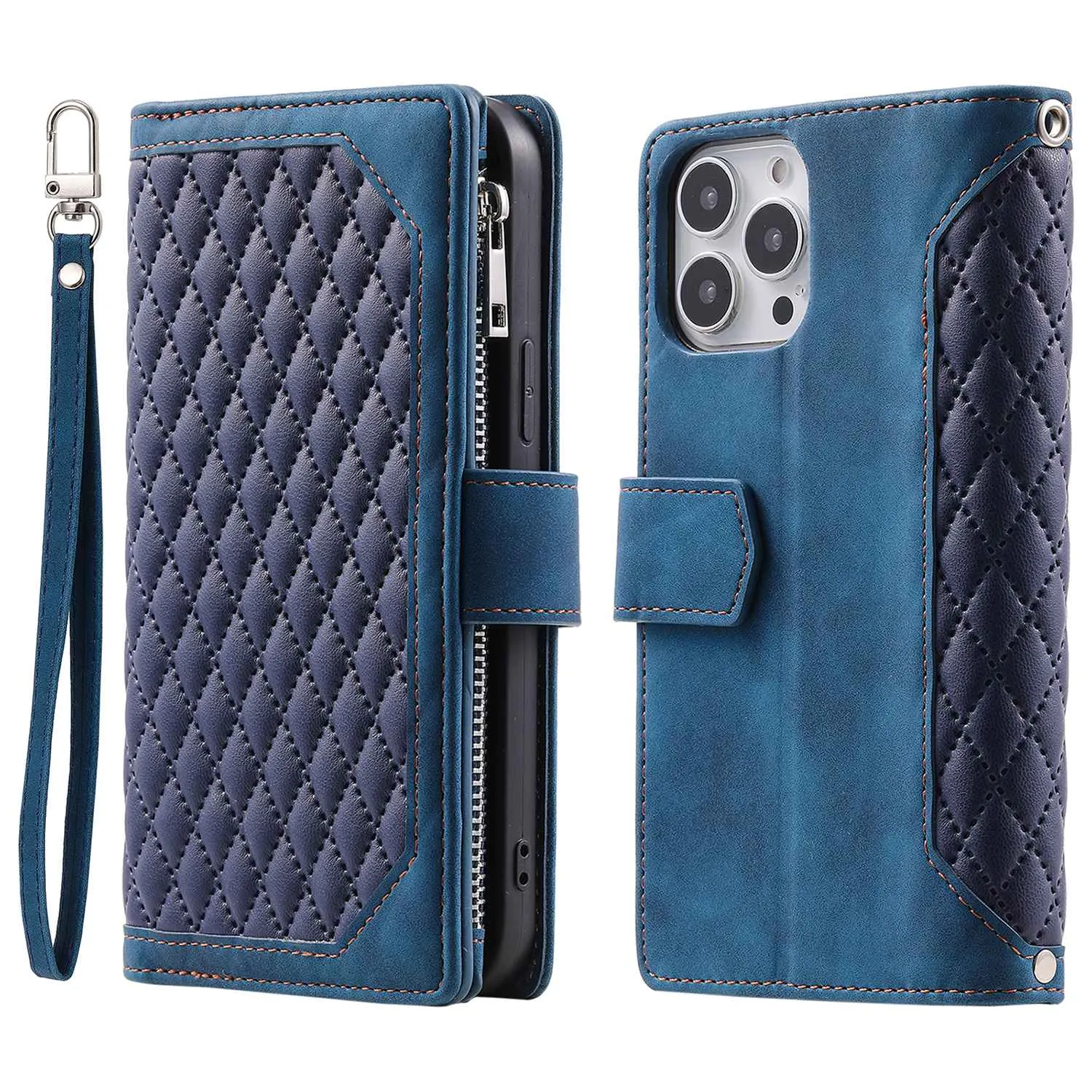 005 Rhombus Grid Textured PU Leather Phone Case for iPhone 14 Plus 6.7 inch, Zipper Pocket Stand Wallet Cover with Strap