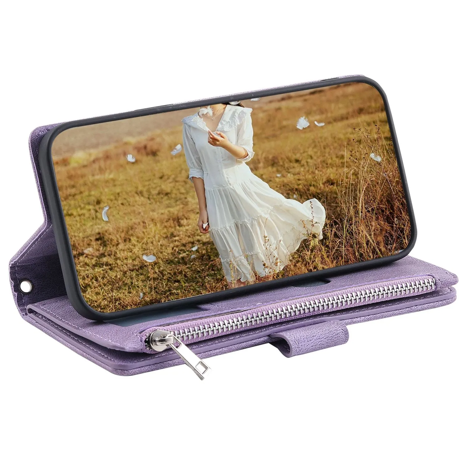 005 Rhombus Grid Textured PU Leather Phone Case for iPhone 14 Plus 6.7 inch, Zipper Pocket Stand Wallet Cover with Strap