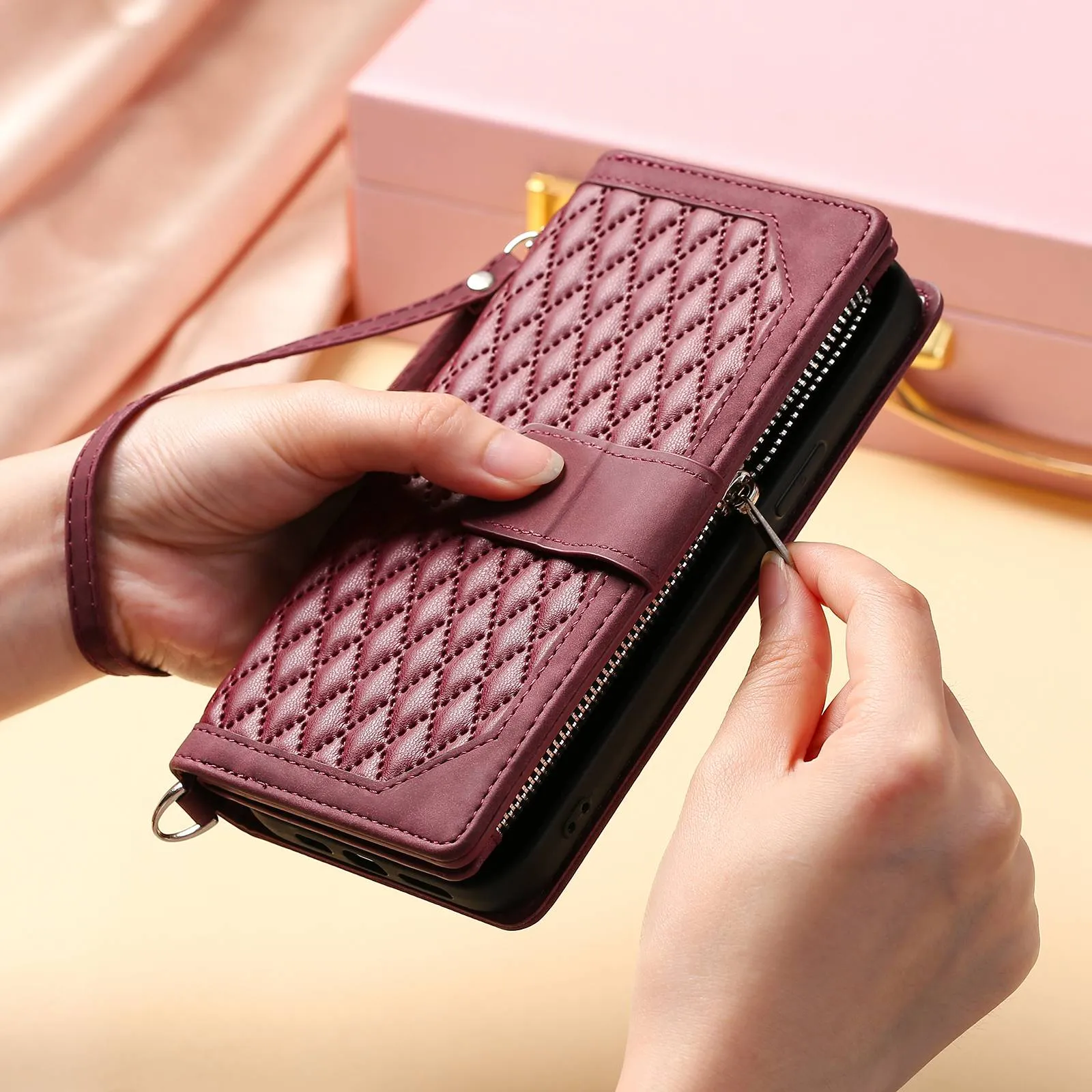 005 Rhombus Grid Textured PU Leather Phone Case for iPhone 14 Plus 6.7 inch, Zipper Pocket Stand Wallet Cover with Strap