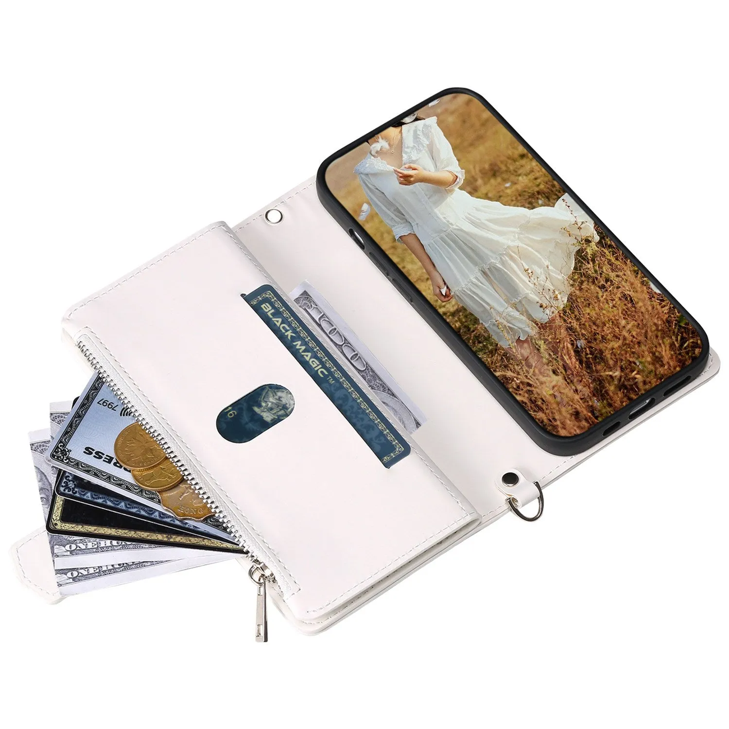 005 Rhombus Grid Textured PU Leather Phone Case for iPhone 14 Plus 6.7 inch, Zipper Pocket Stand Wallet Cover with Strap