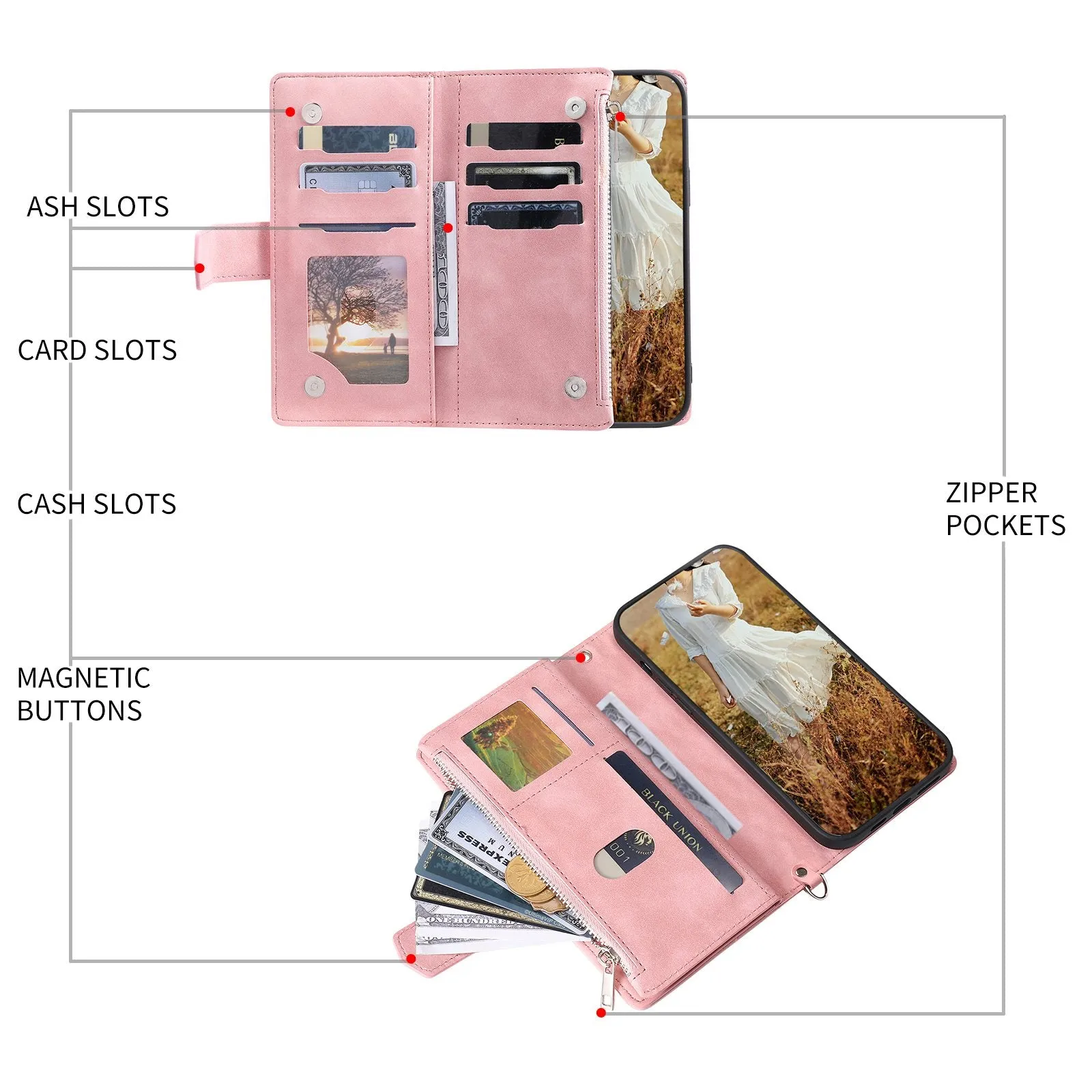 005 Rhombus Grid Textured PU Leather Phone Case for iPhone 14 Plus 6.7 inch, Zipper Pocket Stand Wallet Cover with Strap