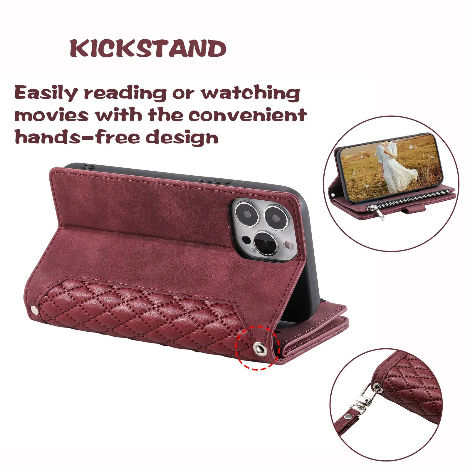 005 Rhombus Grid Textured PU Leather Phone Case for iPhone 14 Plus 6.7 inch, Zipper Pocket Stand Wallet Cover with Strap