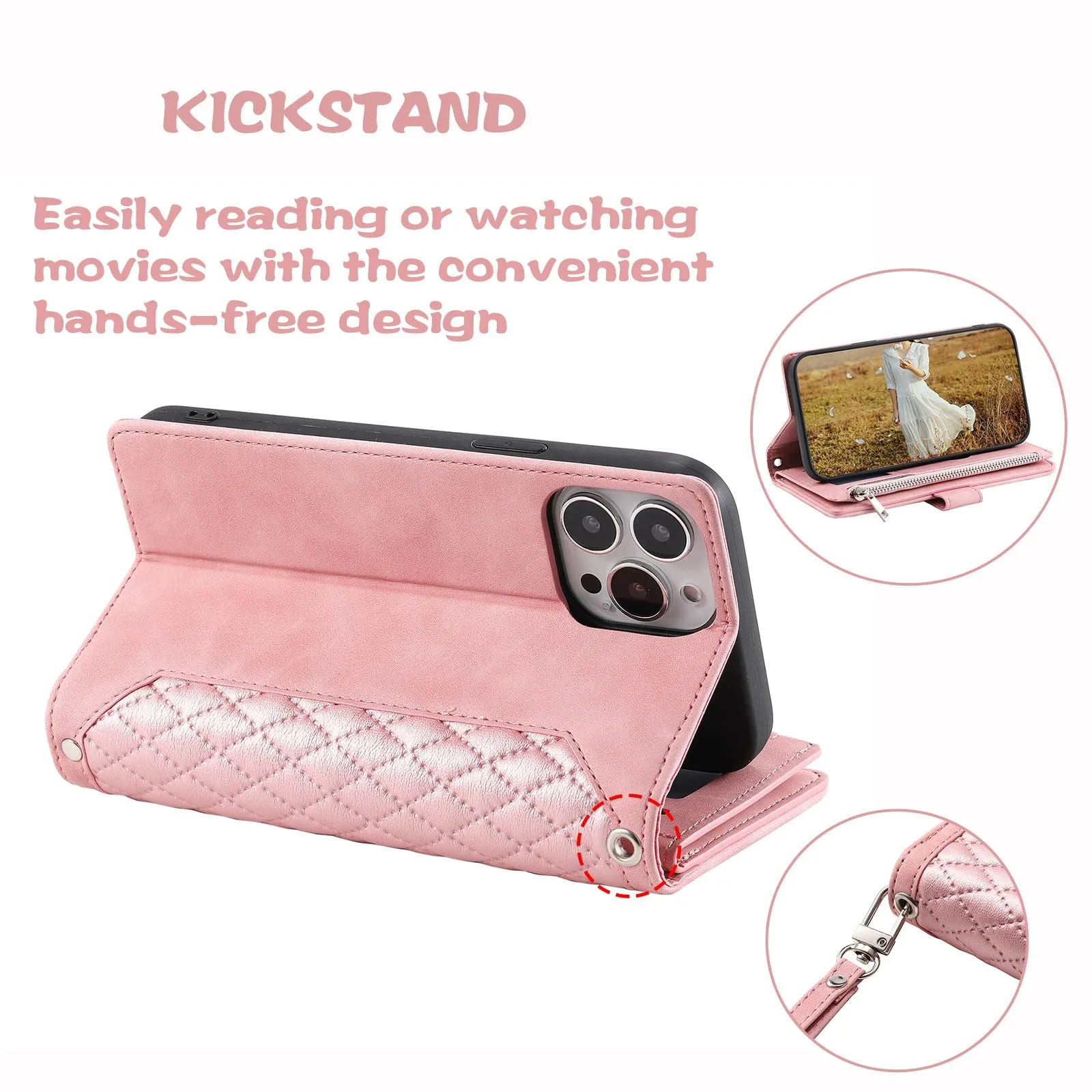 005 Rhombus Grid Textured PU Leather Phone Case for iPhone 14 Plus 6.7 inch, Zipper Pocket Stand Wallet Cover with Strap