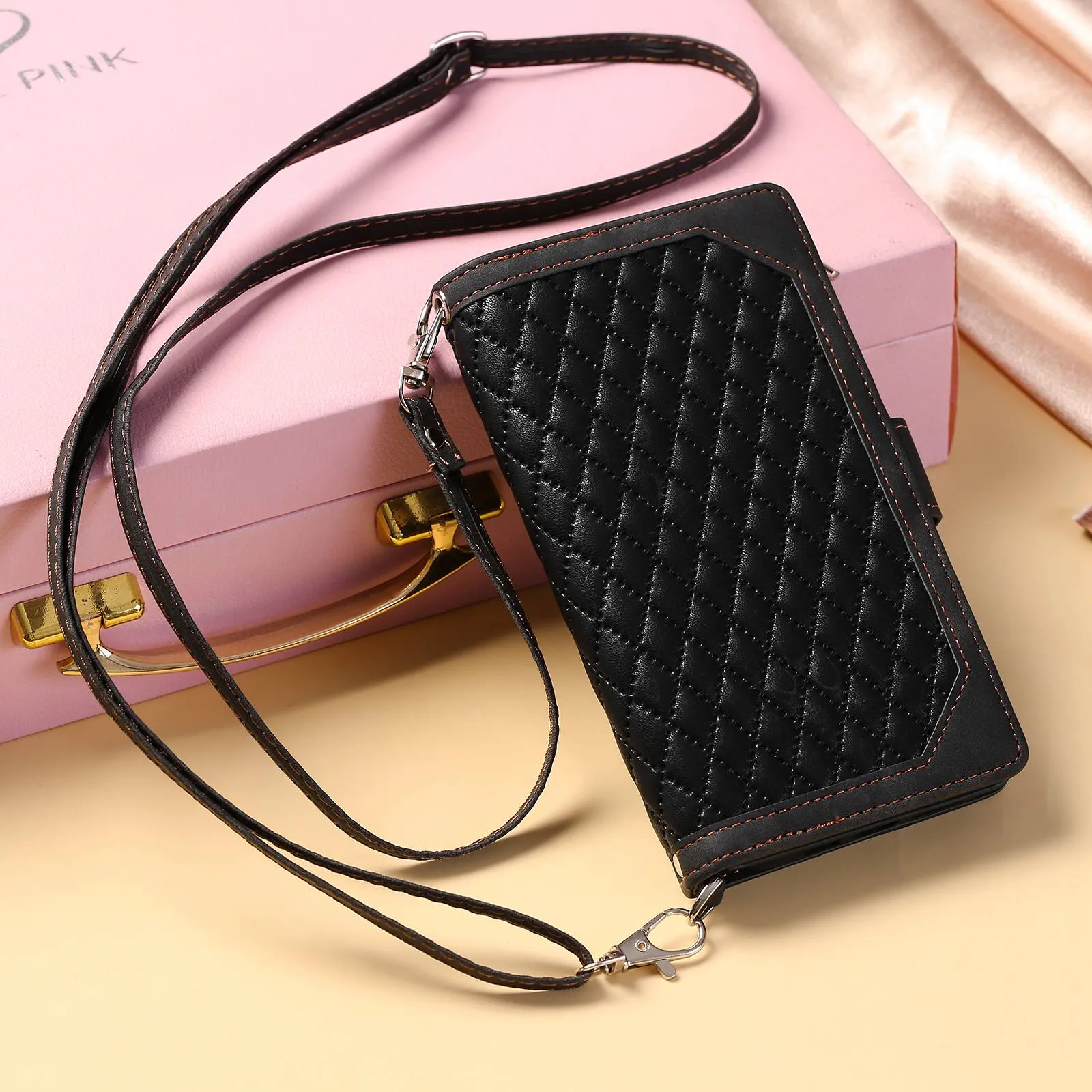 005 Style For Samsung Galaxy S22 5G, Anti-fall Rhombus Texture PU Leather Phone Case Zipper Pocket Wallet Stand Protective Phone Shell with Strap