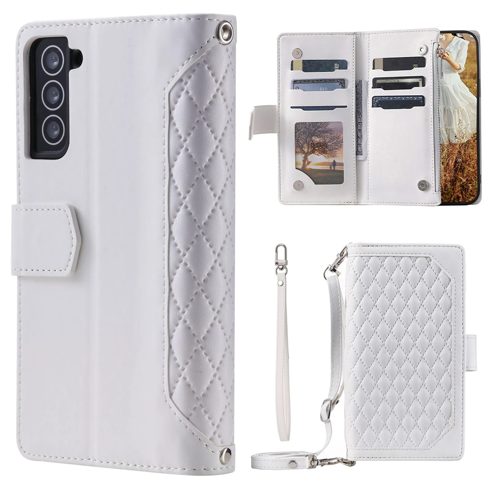 005 Style For Samsung Galaxy S22 5G, Anti-fall Rhombus Texture PU Leather Phone Case Zipper Pocket Wallet Stand Protective Phone Shell with Strap
