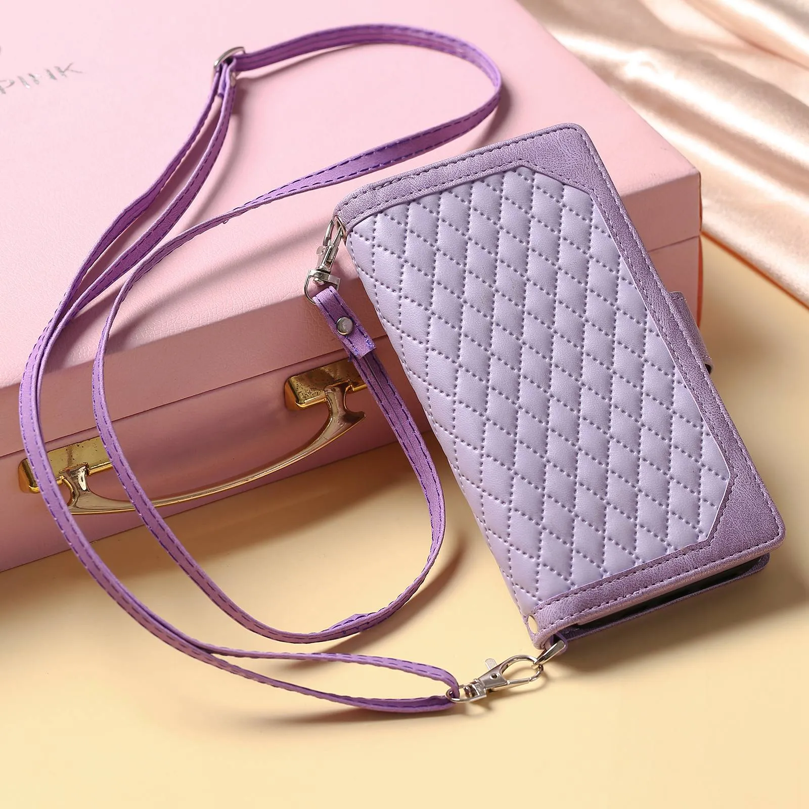 005 Style For Samsung Galaxy S22 5G, Anti-fall Rhombus Texture PU Leather Phone Case Zipper Pocket Wallet Stand Protective Phone Shell with Strap