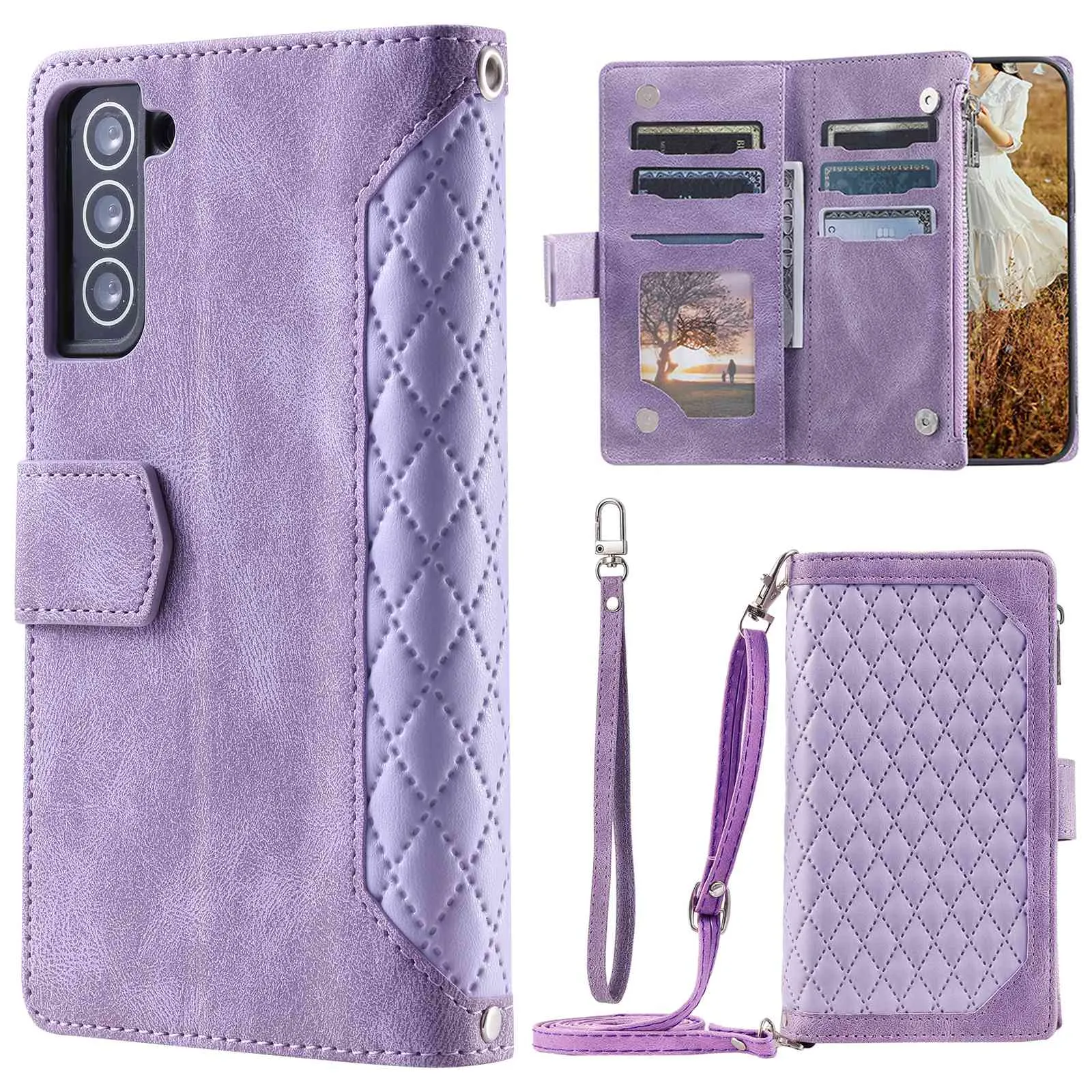 005 Style For Samsung Galaxy S22 5G, Anti-fall Rhombus Texture PU Leather Phone Case Zipper Pocket Wallet Stand Protective Phone Shell with Strap