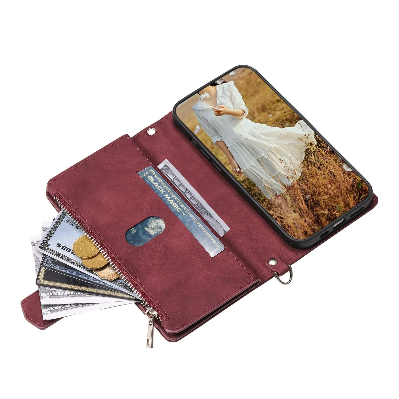 005 Style For Samsung Galaxy S22 5G, Anti-fall Rhombus Texture PU Leather Phone Case Zipper Pocket Wallet Stand Protective Phone Shell with Strap