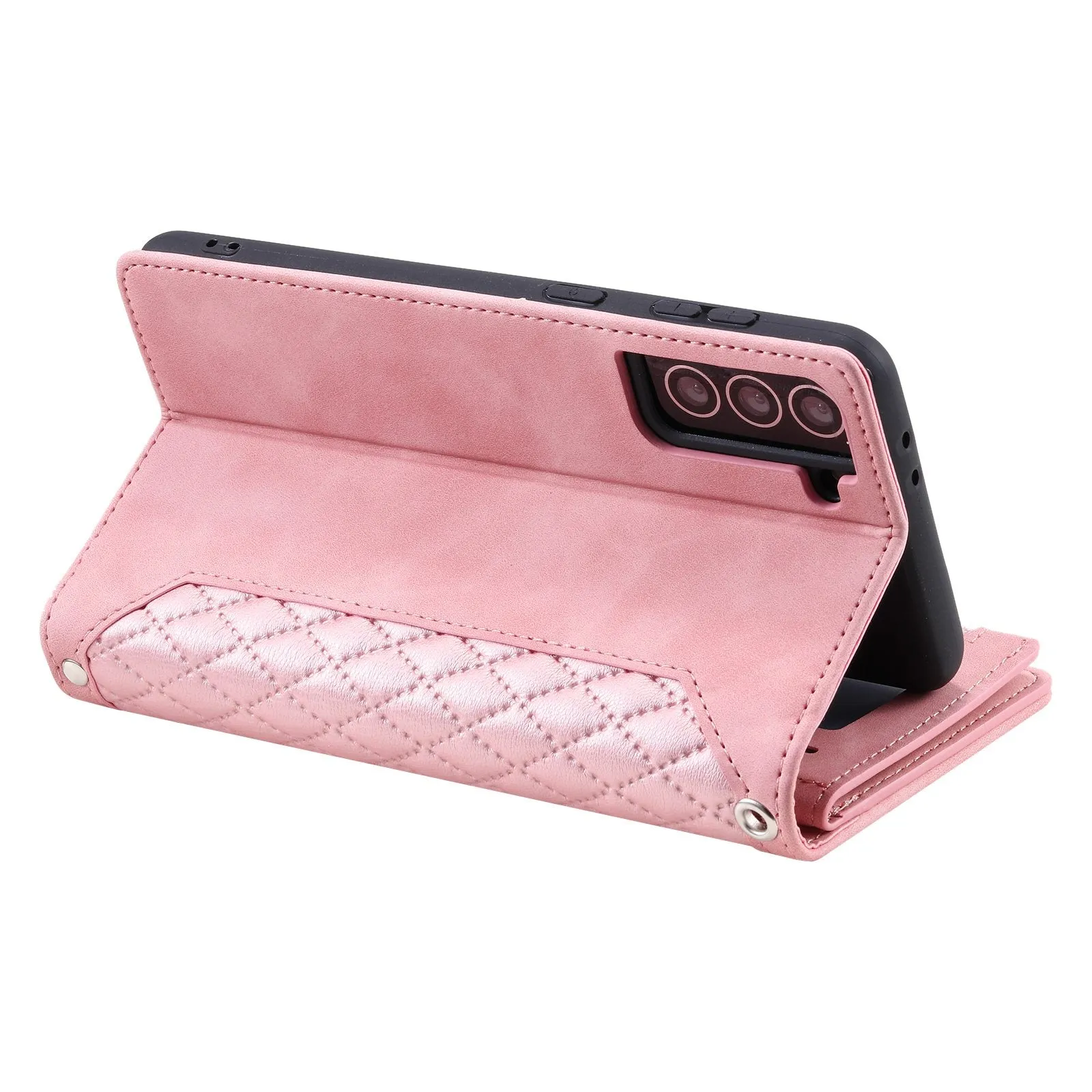 005 Style For Samsung Galaxy S22 5G, Anti-fall Rhombus Texture PU Leather Phone Case Zipper Pocket Wallet Stand Protective Phone Shell with Strap