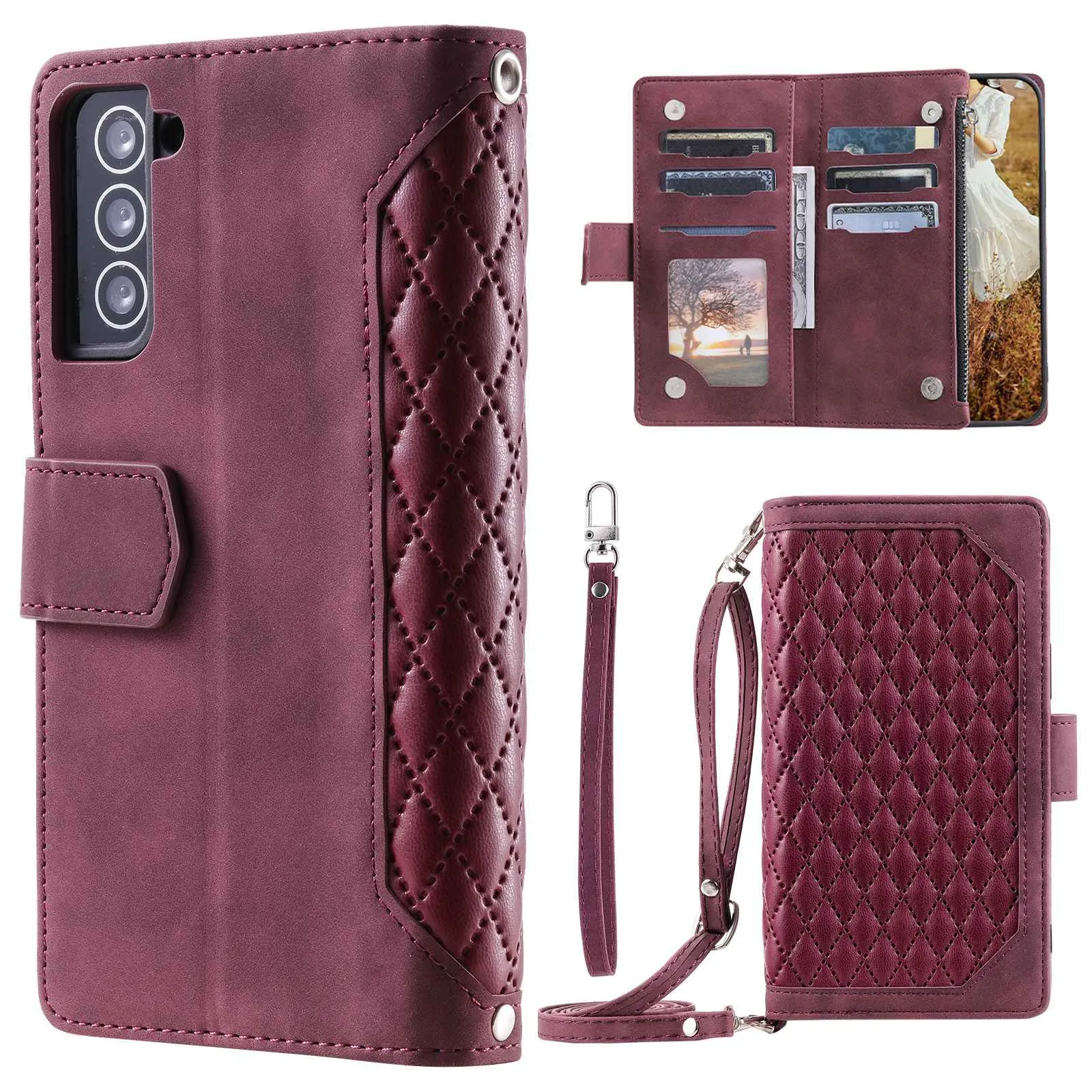 005 Style For Samsung Galaxy S22 5G, Anti-fall Rhombus Texture PU Leather Phone Case Zipper Pocket Wallet Stand Protective Phone Shell with Strap