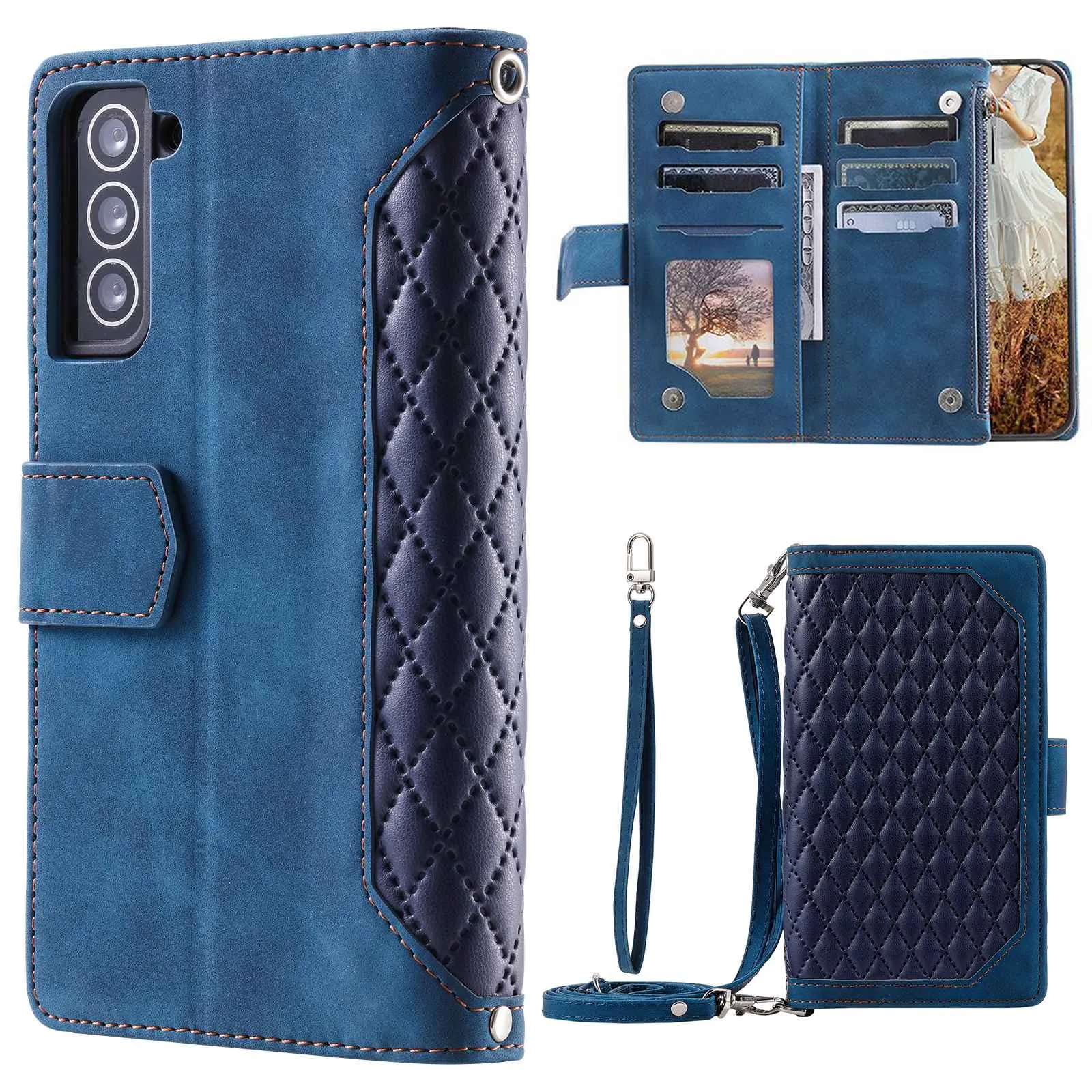 005 Style For Samsung Galaxy S22 5G, Anti-fall Rhombus Texture PU Leather Phone Case Zipper Pocket Wallet Stand Protective Phone Shell with Strap