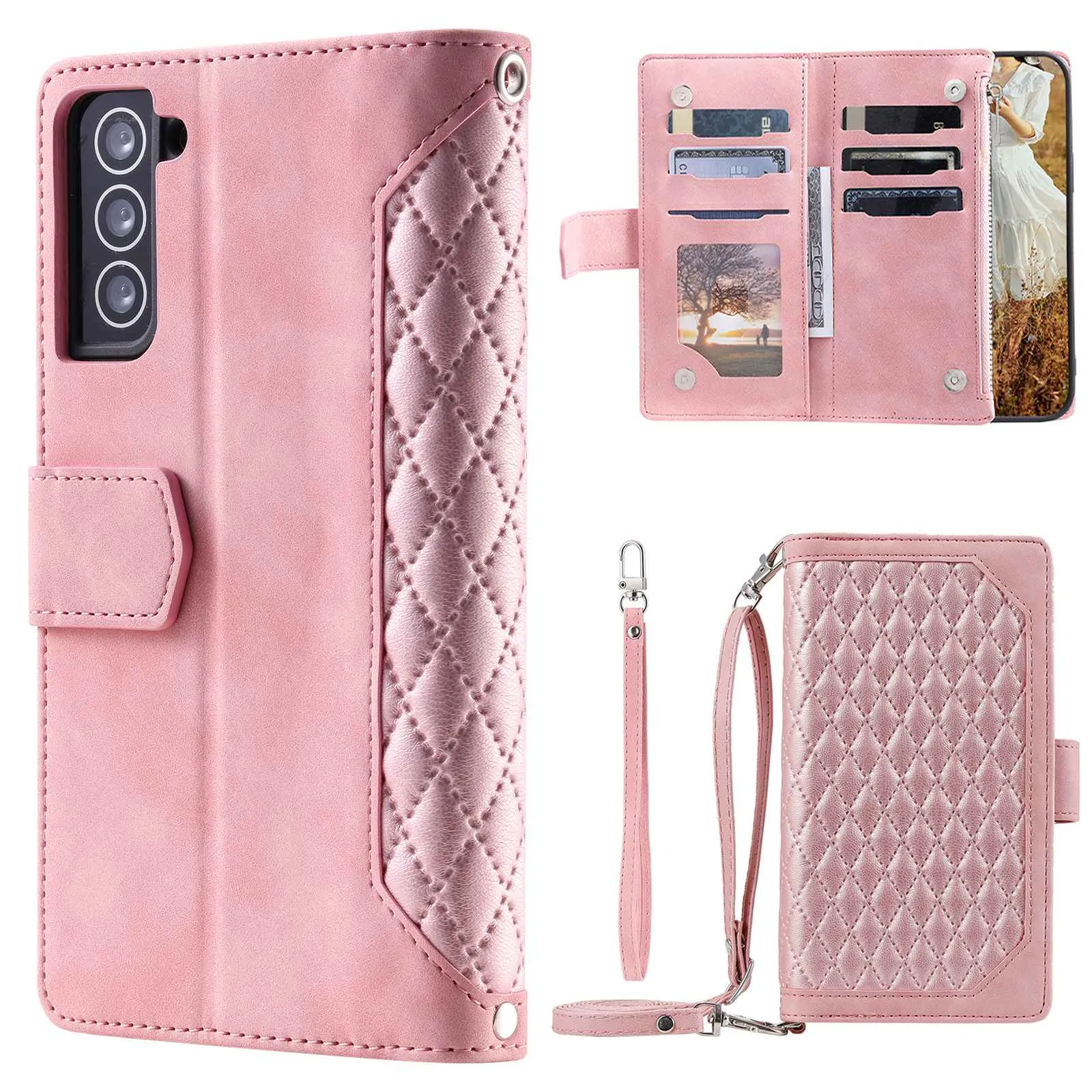 005 Style For Samsung Galaxy S22 5G, Anti-fall Rhombus Texture PU Leather Phone Case Zipper Pocket Wallet Stand Protective Phone Shell with Strap