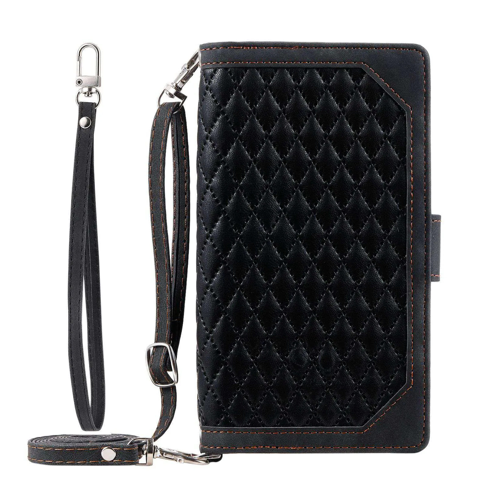 005 Style For Samsung Galaxy S22 5G, Anti-fall Rhombus Texture PU Leather Phone Case Zipper Pocket Wallet Stand Protective Phone Shell with Strap