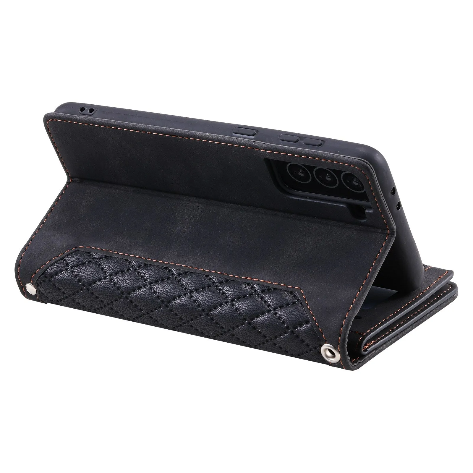 005 Style For Samsung Galaxy S22 5G, Anti-fall Rhombus Texture PU Leather Phone Case Zipper Pocket Wallet Stand Protective Phone Shell with Strap