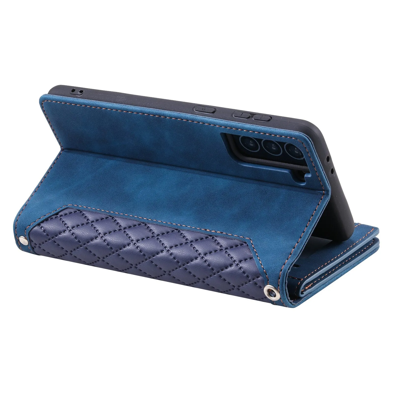 005 Style For Samsung Galaxy S22 5G, Anti-fall Rhombus Texture PU Leather Phone Case Zipper Pocket Wallet Stand Protective Phone Shell with Strap