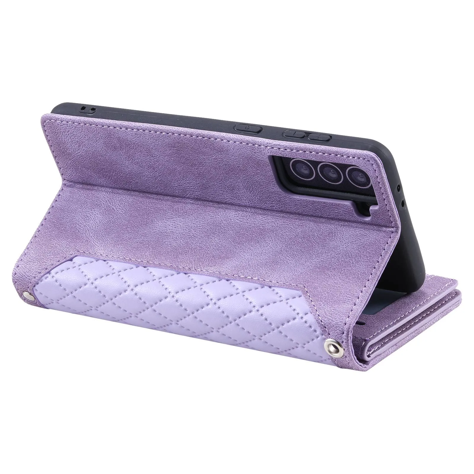 005 Style For Samsung Galaxy S22 5G, Anti-fall Rhombus Texture PU Leather Phone Case Zipper Pocket Wallet Stand Protective Phone Shell with Strap