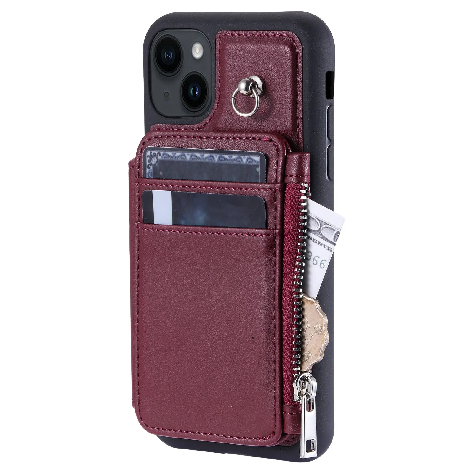 009 Cell Phone Case for iPhone 15 Plus , Kickstand Zipper Wallet RFID Blocking PU TPU Cover with Strap