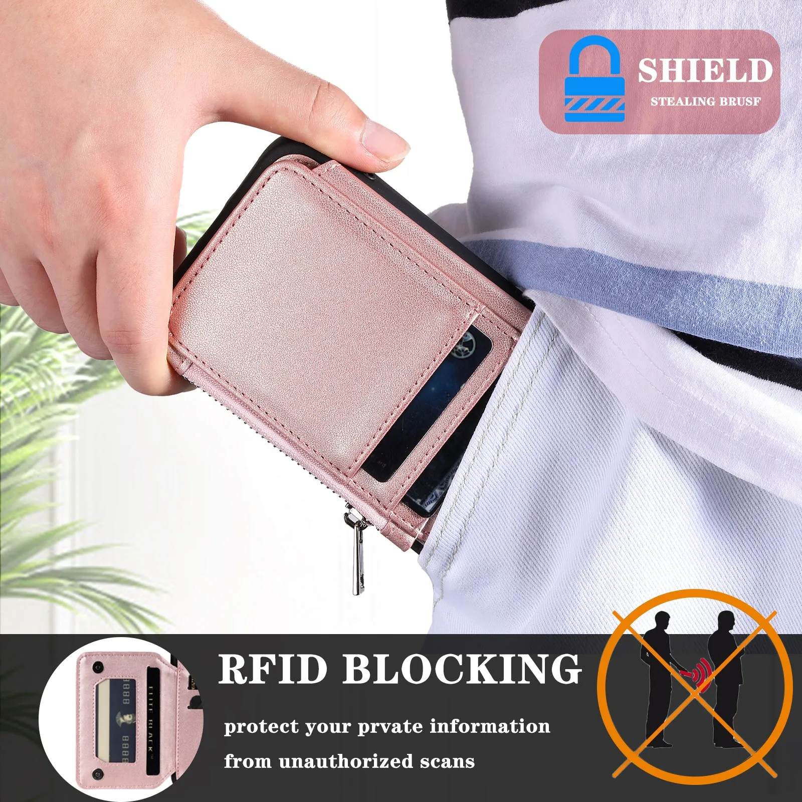 009 For Samsung Galaxy S23 RFID Blocking Zipper Phone Case PU Leather Coated TPU Wallet Kickstand Cover with Wrist Strap
