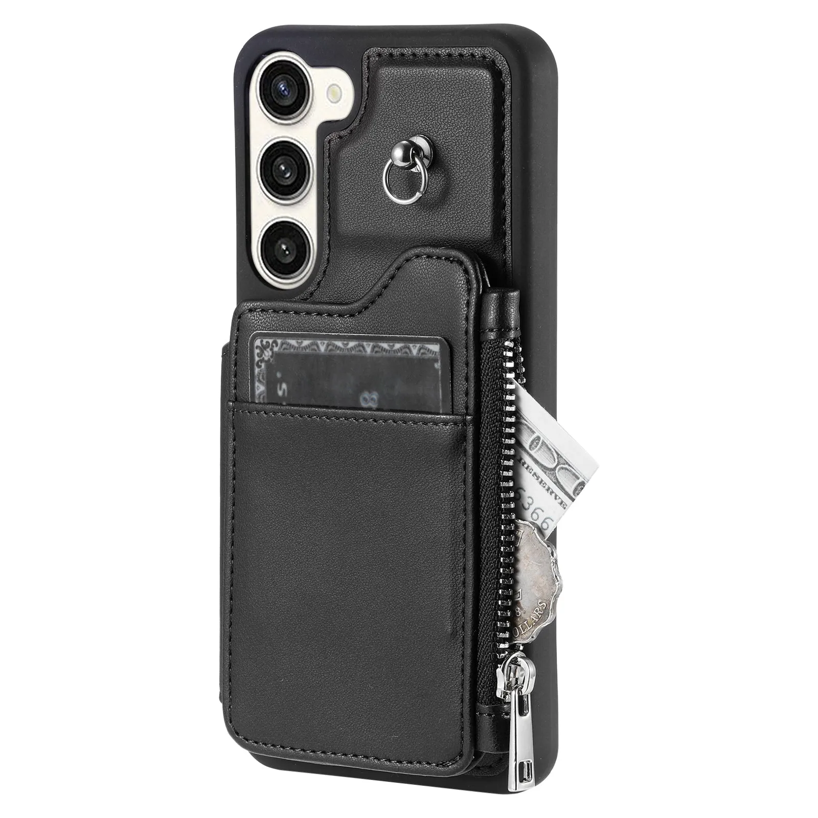 009 For Samsung Galaxy S23 RFID Blocking Zipper Phone Case PU Leather Coated TPU Wallet Kickstand Cover with Wrist Strap