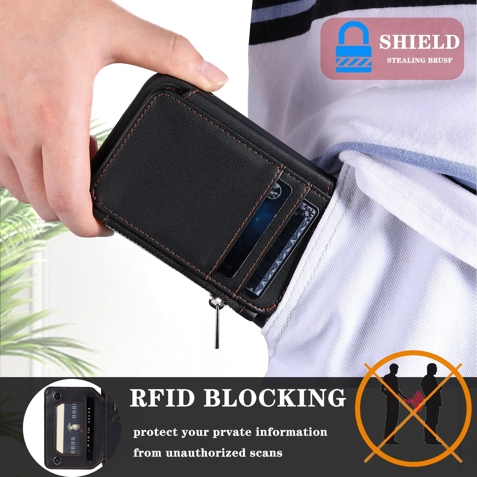 009 For Samsung Galaxy S23 RFID Blocking Zipper Phone Case PU Leather Coated TPU Wallet Kickstand Cover with Wrist Strap
