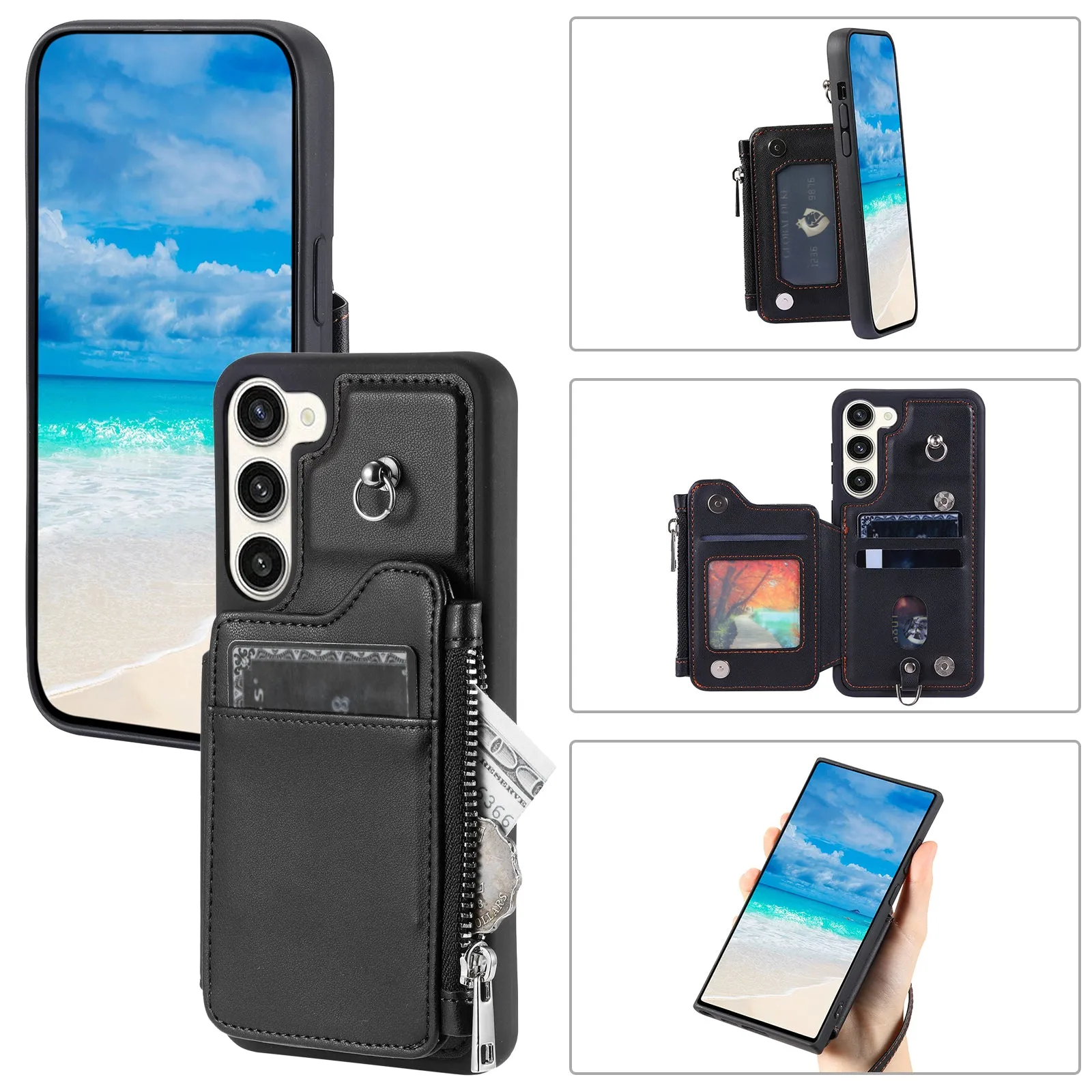 009 For Samsung Galaxy S23 RFID Blocking Zipper Phone Case PU Leather Coated TPU Wallet Kickstand Cover with Wrist Strap