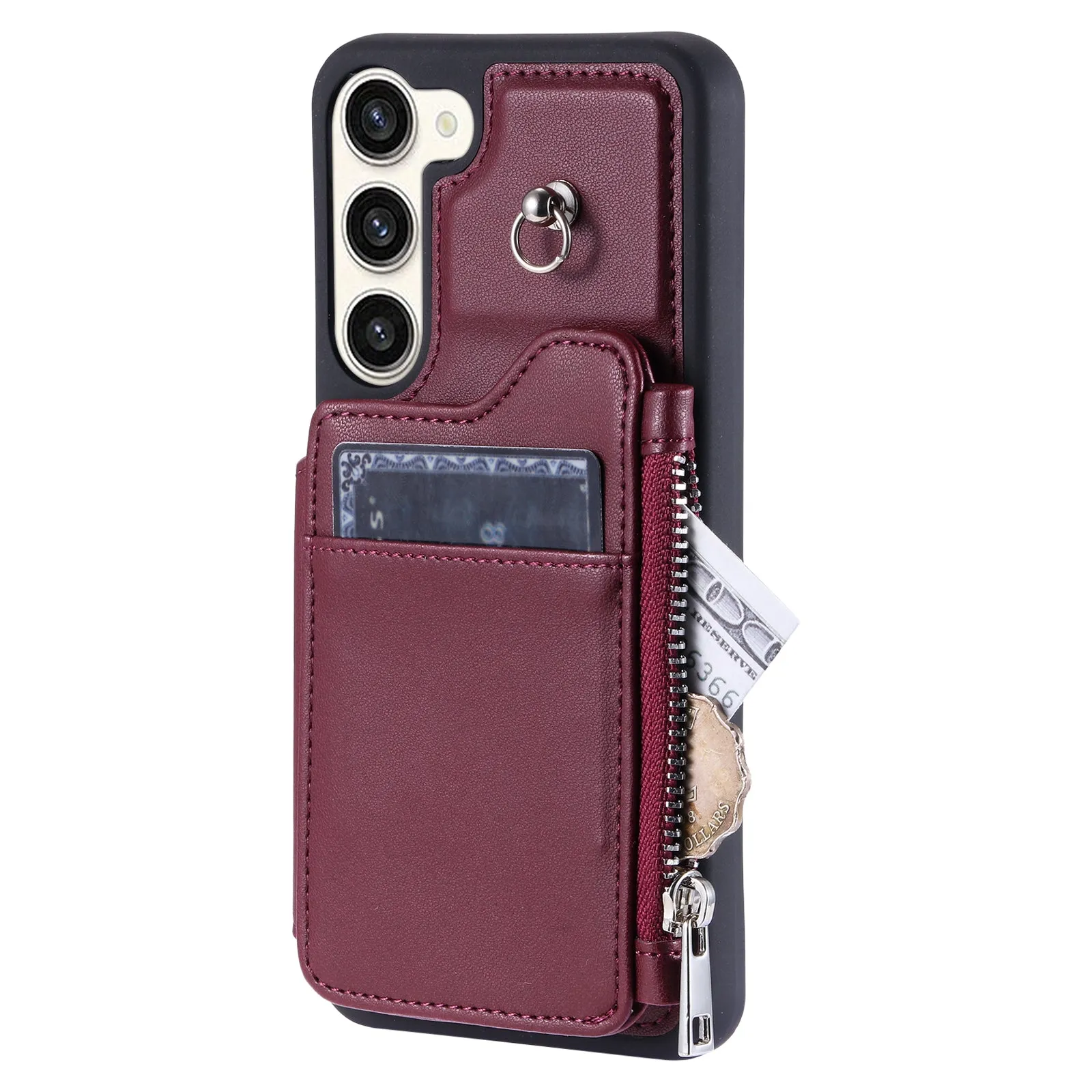 009 For Samsung Galaxy S23 RFID Blocking Zipper Phone Case PU Leather Coated TPU Wallet Kickstand Cover with Wrist Strap
