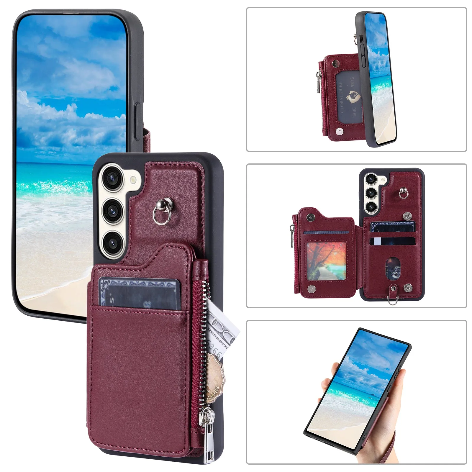 009 For Samsung Galaxy S23 RFID Blocking Zipper Phone Case PU Leather Coated TPU Wallet Kickstand Cover with Wrist Strap