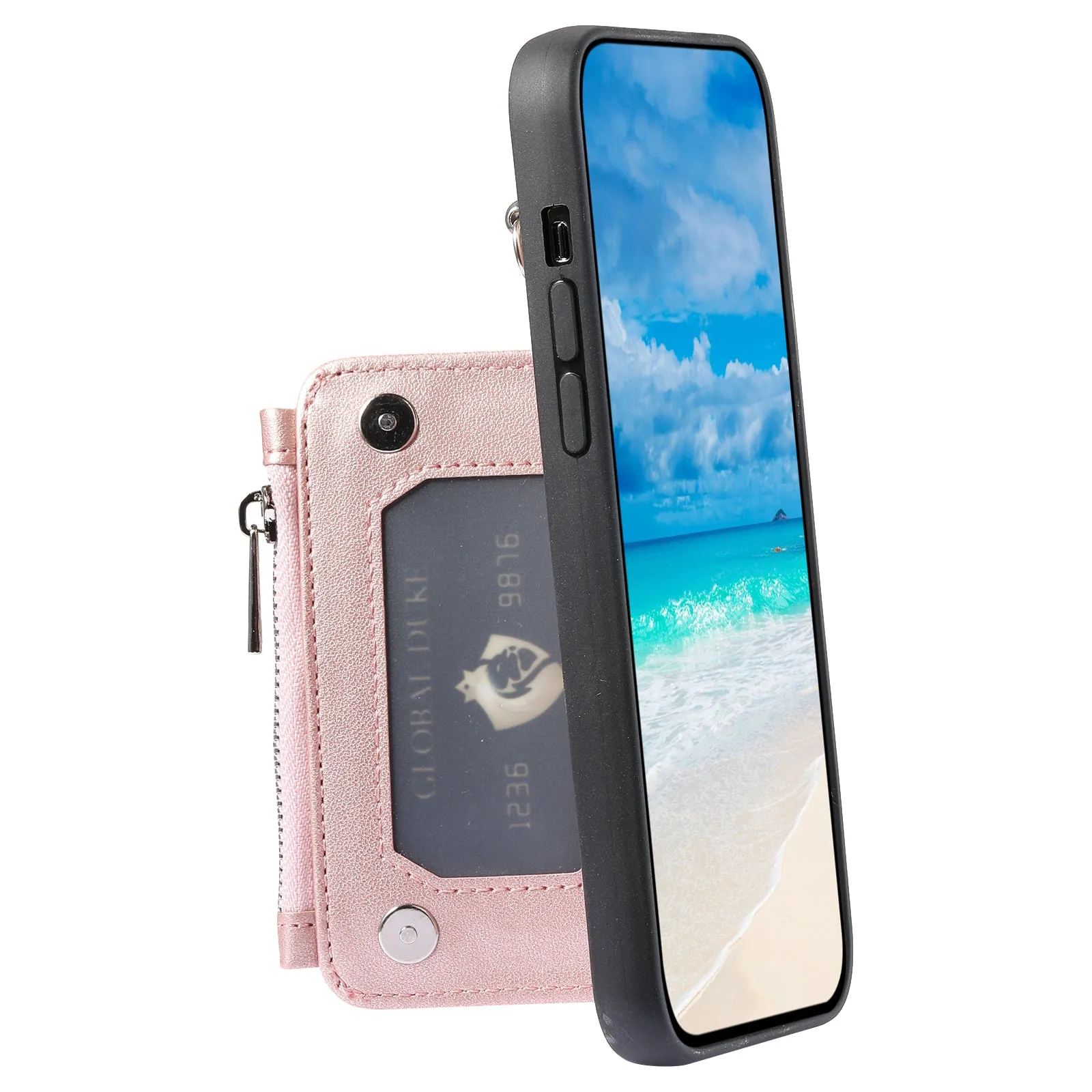 009 For Samsung Galaxy S23 RFID Blocking Zipper Phone Case PU Leather Coated TPU Wallet Kickstand Cover with Wrist Strap