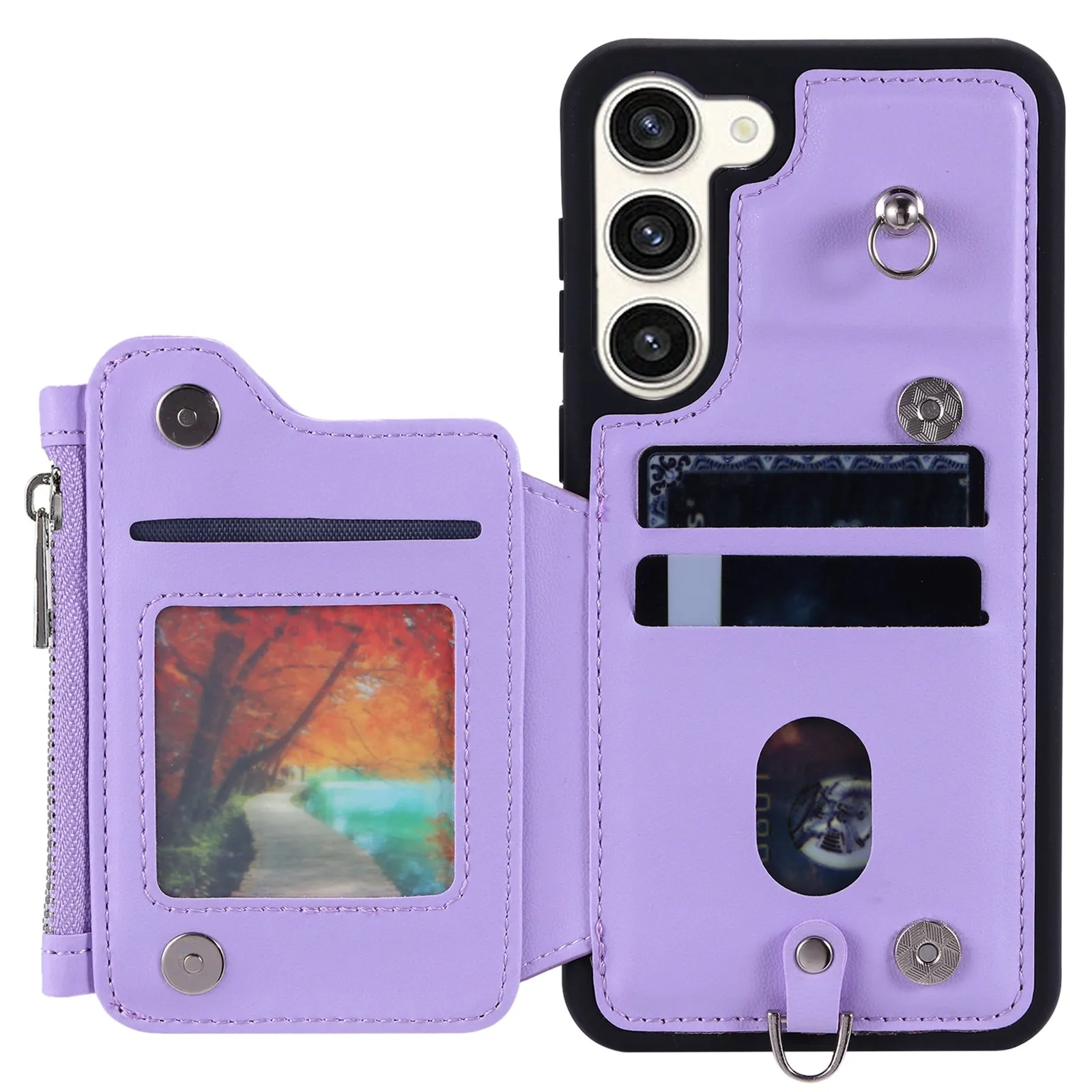 009 For Samsung Galaxy S23 RFID Blocking Zipper Phone Case PU Leather Coated TPU Wallet Kickstand Cover with Wrist Strap