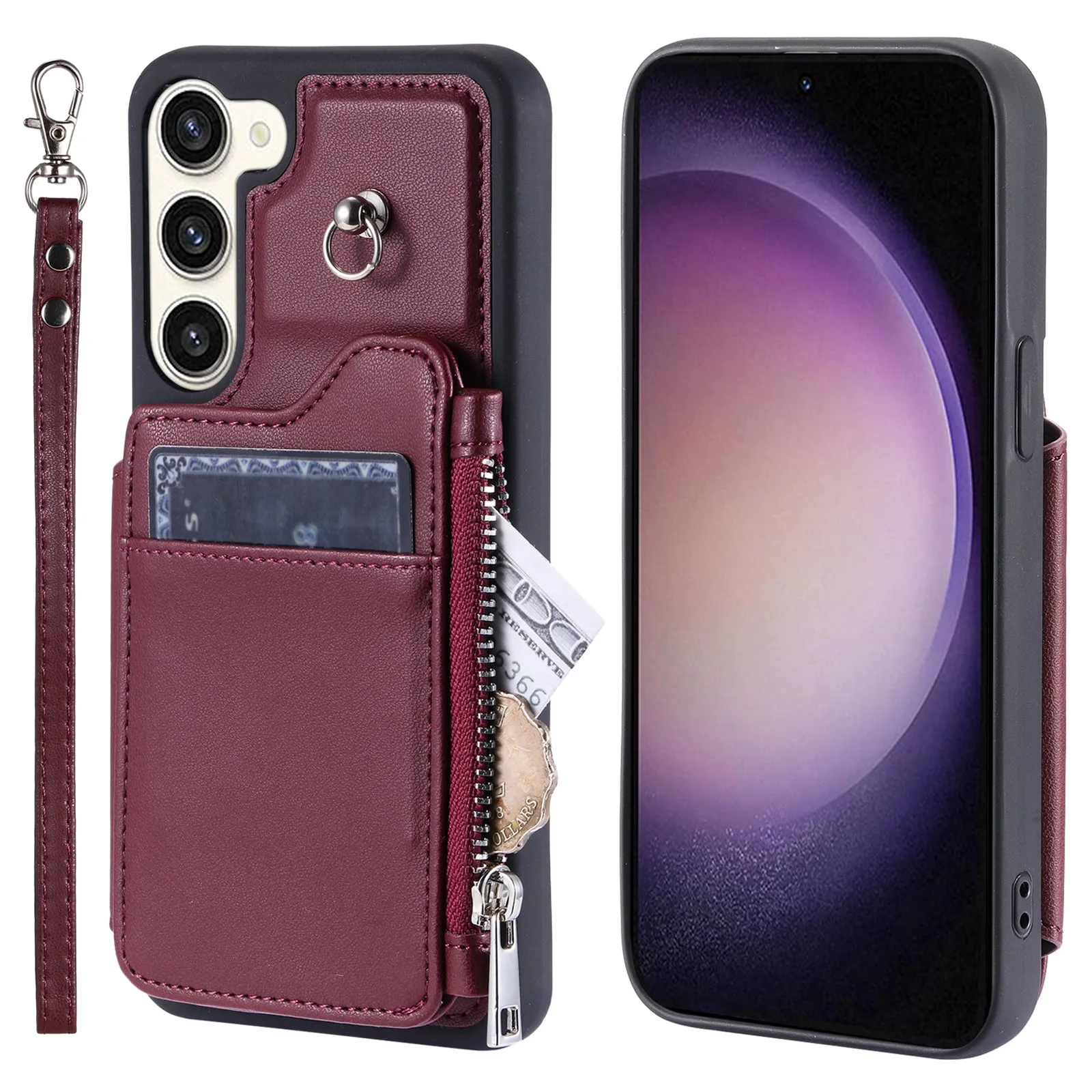009 For Samsung Galaxy S23 RFID Blocking Zipper Phone Case PU Leather Coated TPU Wallet Kickstand Cover with Wrist Strap