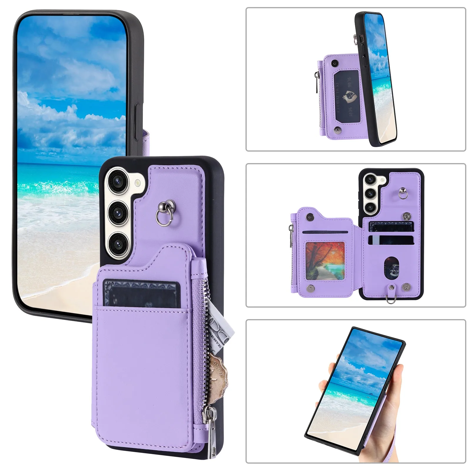 009 For Samsung Galaxy S23 RFID Blocking Zipper Phone Case PU Leather Coated TPU Wallet Kickstand Cover with Wrist Strap
