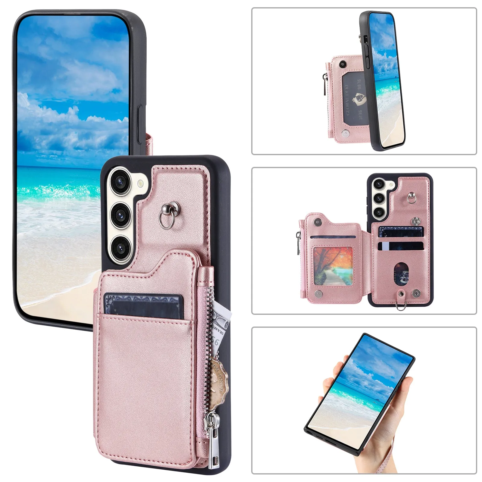 009 For Samsung Galaxy S23 RFID Blocking Zipper Phone Case PU Leather Coated TPU Wallet Kickstand Cover with Wrist Strap